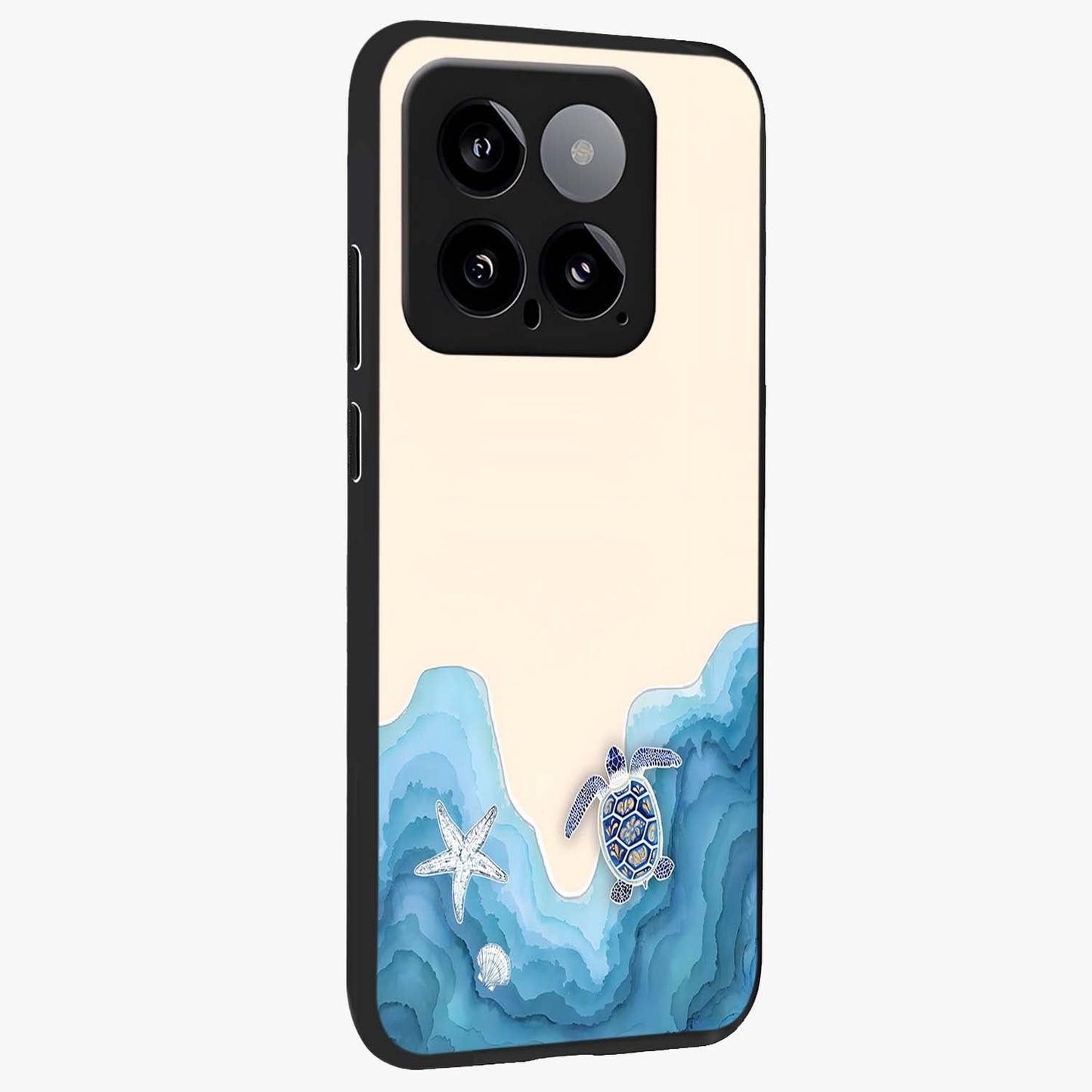 Ocean Drift Turtle Glass Case upright view showcasing calm underwater turtle artwork with nature inspired theme.