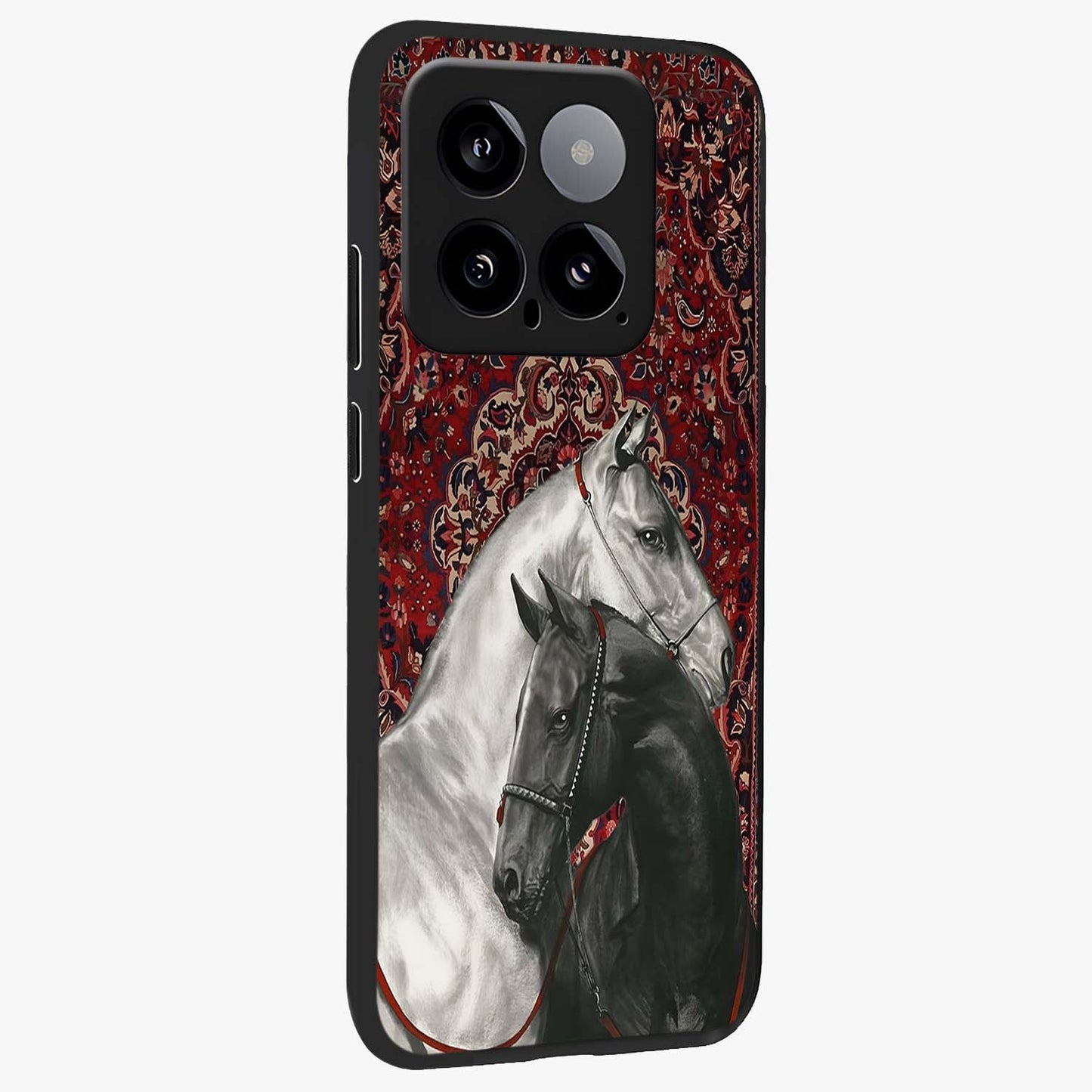 Regal Stallion Tapestry Glass Case upright view showcasing powerful horse artwork with elegant tapestry theme.