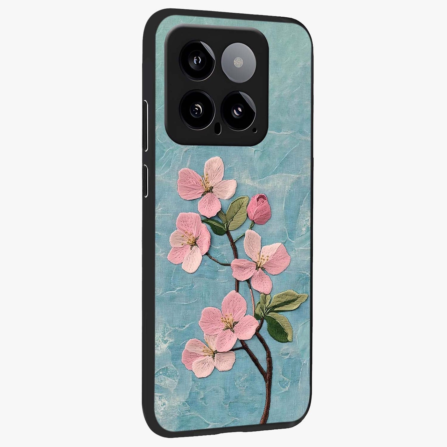 Threaded Blossom Breeze Glass Case upright view showcasing graceful flower artwork with calm botanical theme.