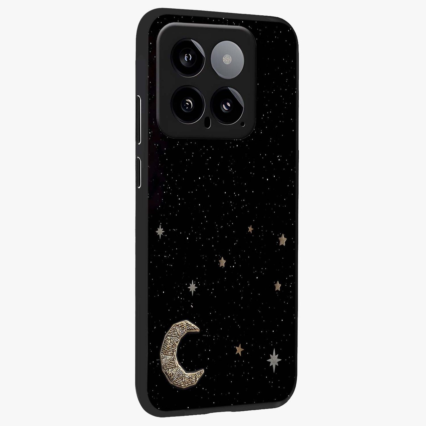 Twinkle Star With Half Moon Glass Case upright view showcasing glowing cosmic artwork with dreamy night theme.