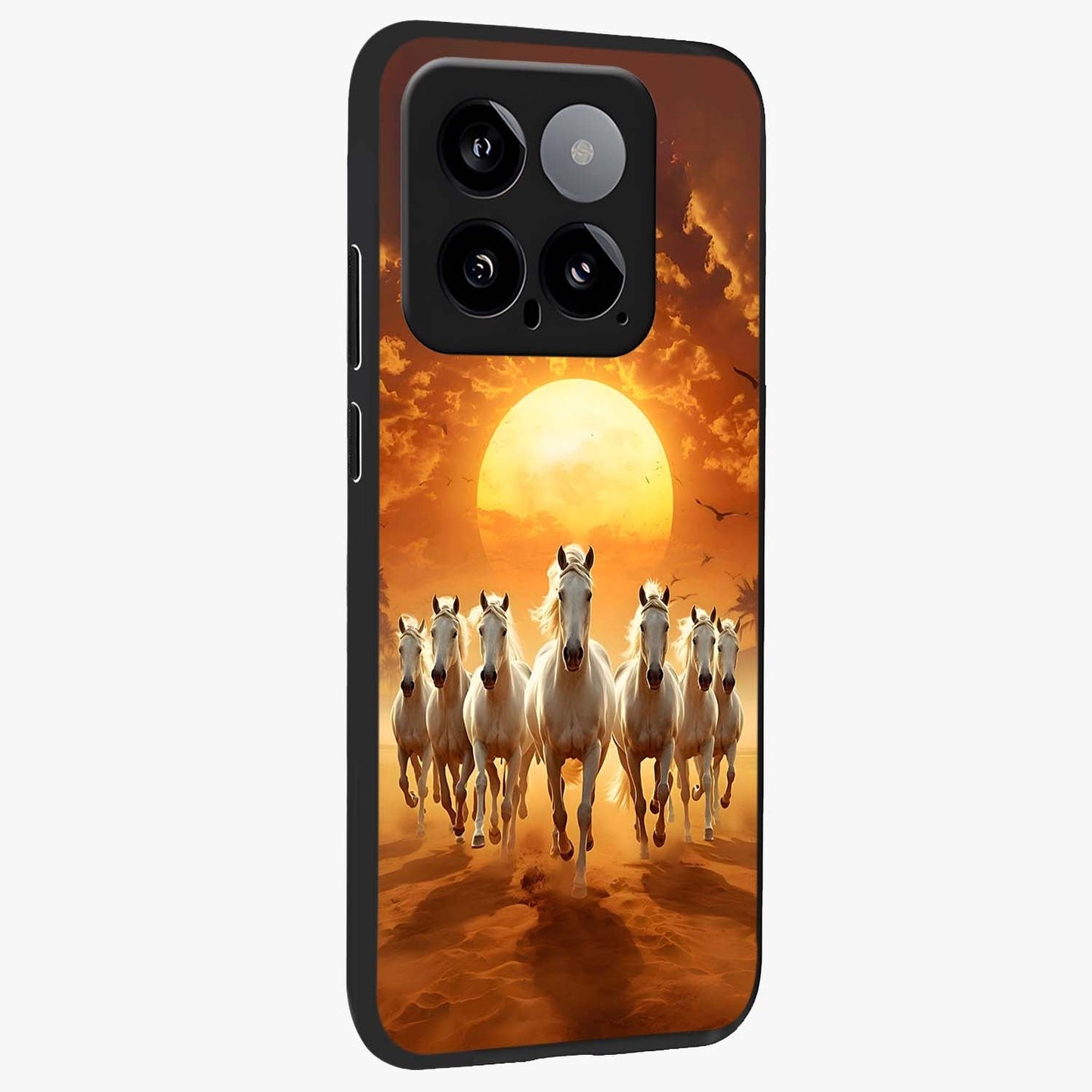 Wild Sunset Majesty Glass Case upright view showcasing dramatic sunset artwork with bold nature theme.