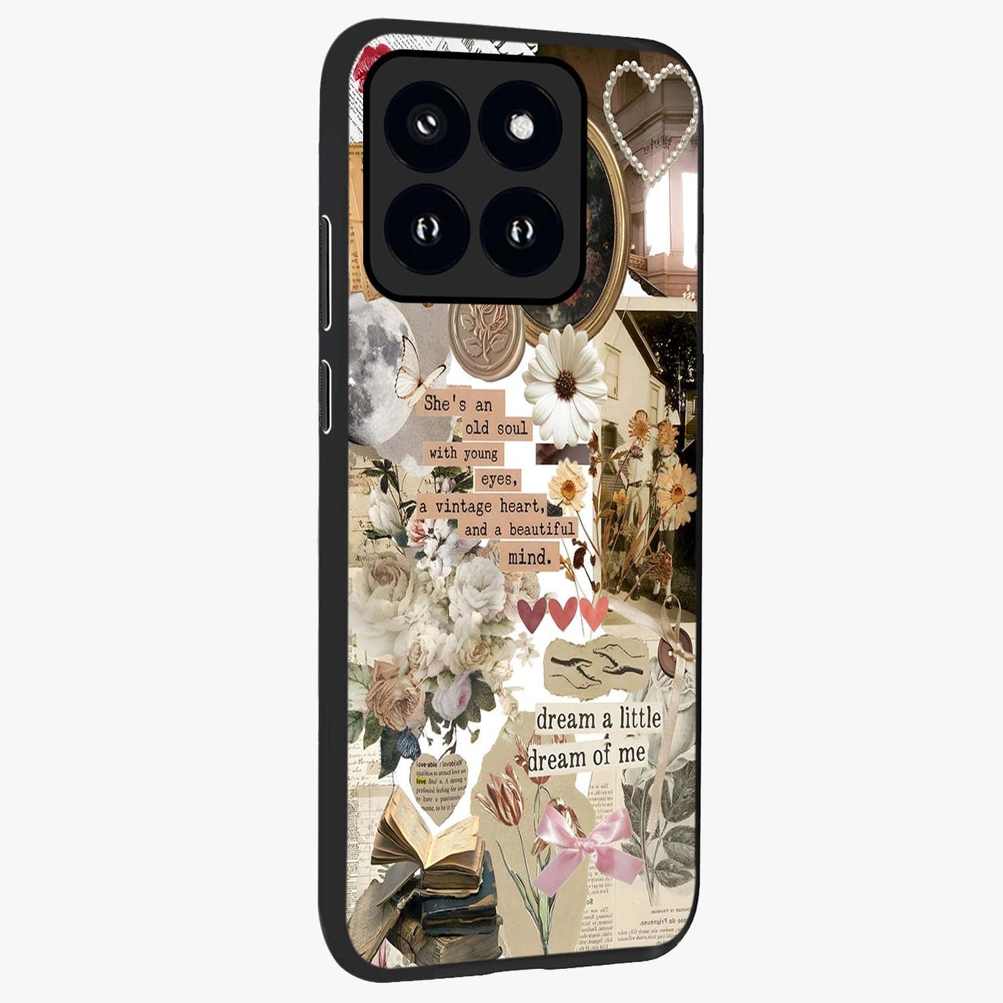 Aesthetic Brown Vintage Collage Glass Case upright view showcasing nostalgic retro artwork with stylish vintage theme.