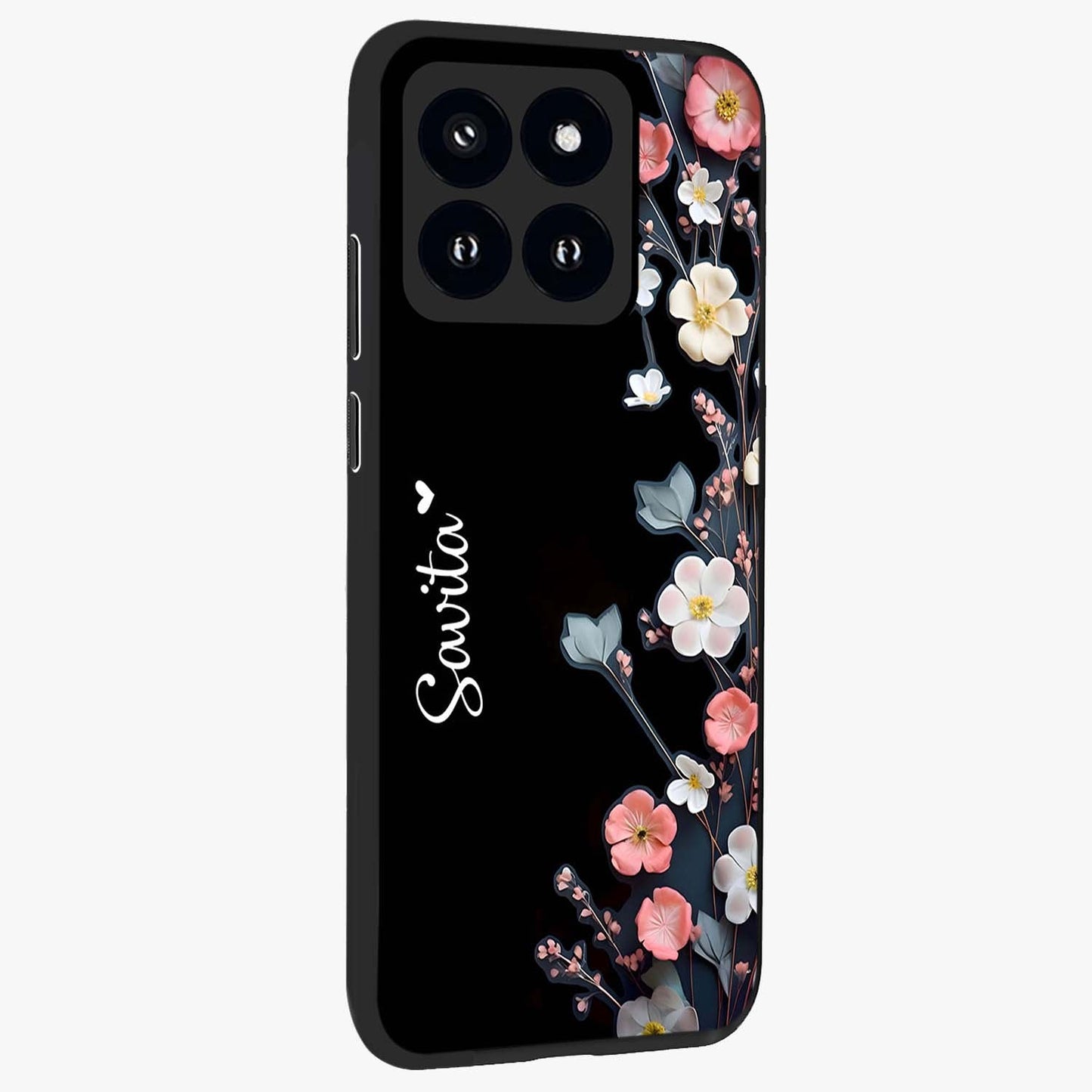 Black Elegance Floral Custom Name Glass Case upright view showcasing luxurious black floral design with personalized name detail.