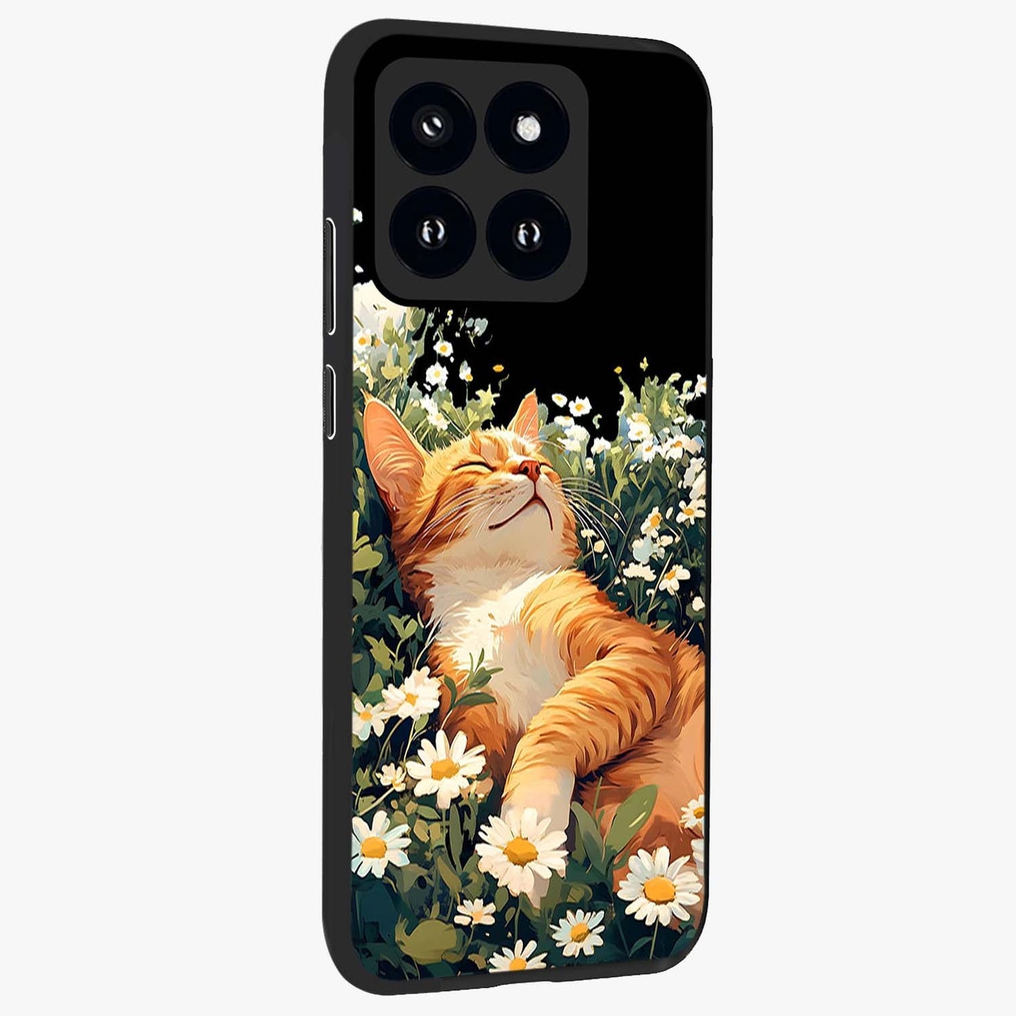 Blissful Bloom Cat Glass Case upright view showcasing charming cat design surrounded by blooming floral elements.