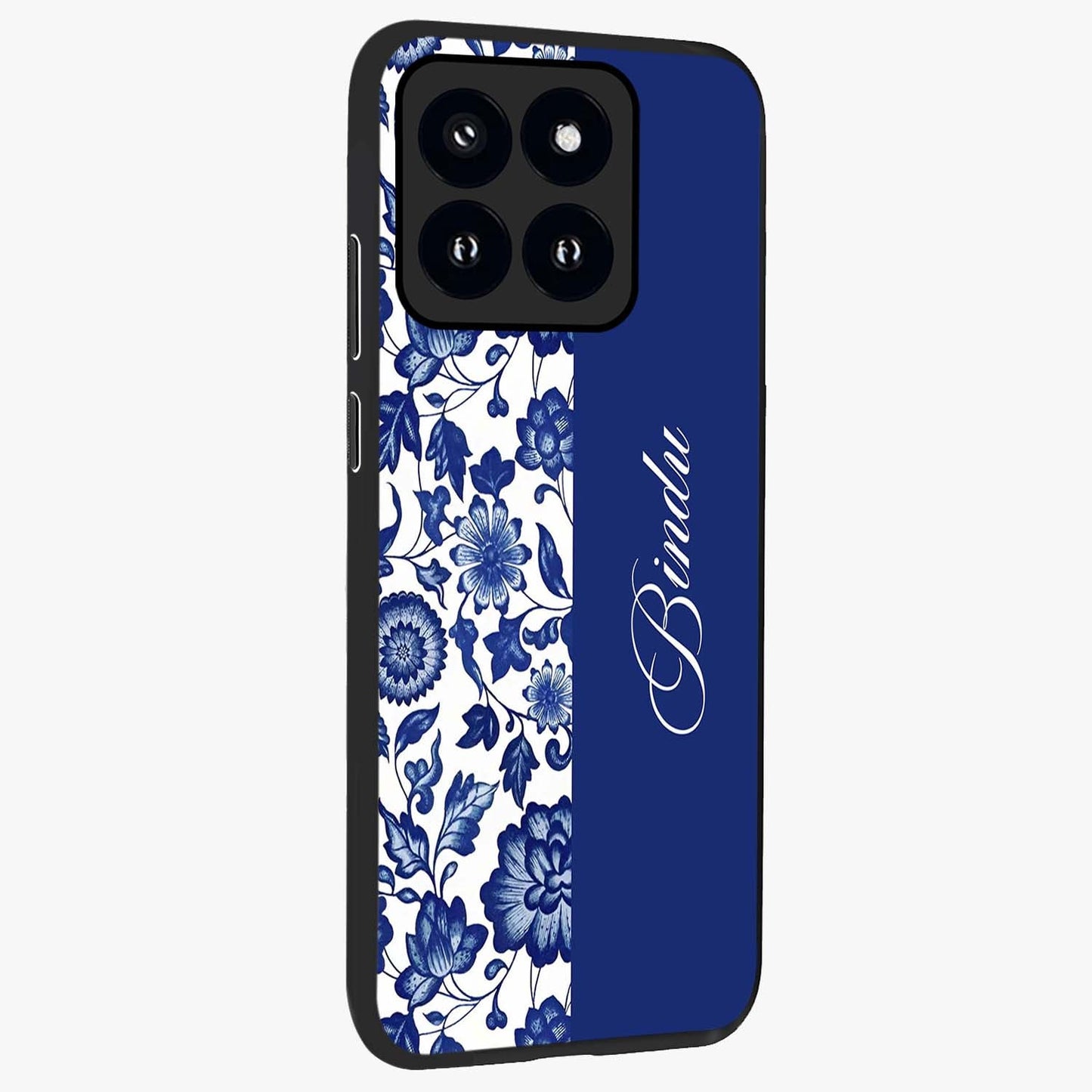 Blue Vintage Floral Pattern Glass Case upright view showcasing delicate blush floral texture with modern minimal style.