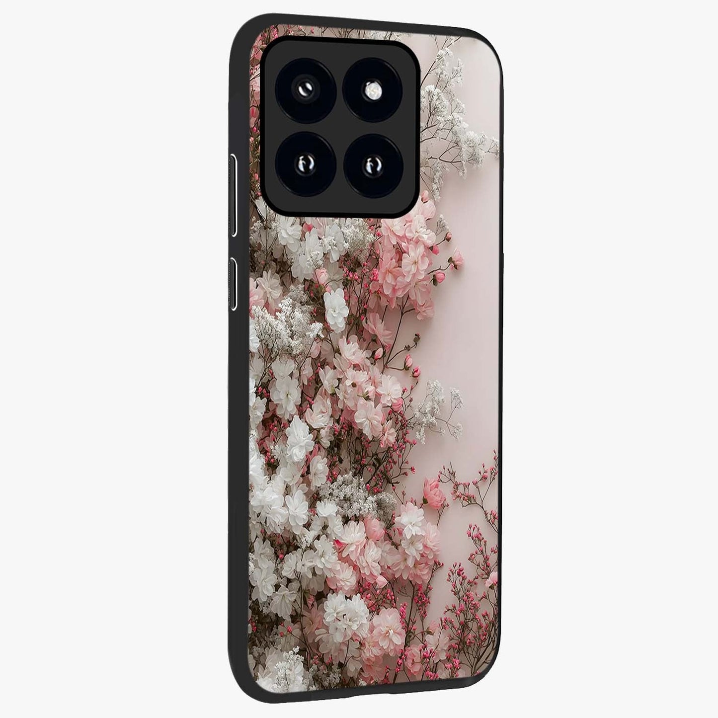Blush Blossom Cloud Glass Case upright view showcasing calm floral cloud artwork with gentle dreamy theme.