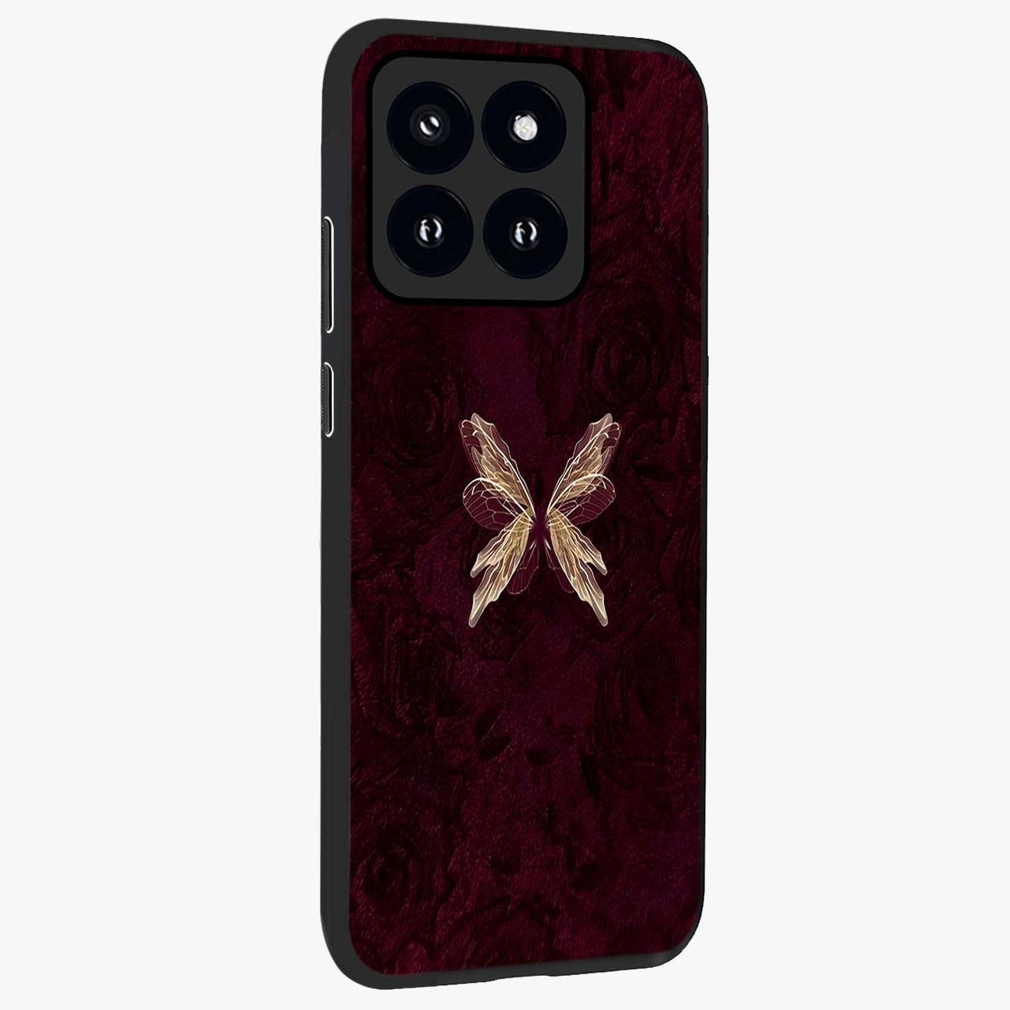 Crimson Fade Butterfly Glass Case upright view showcasing graceful butterfly artwork with soft crimson fade effect.