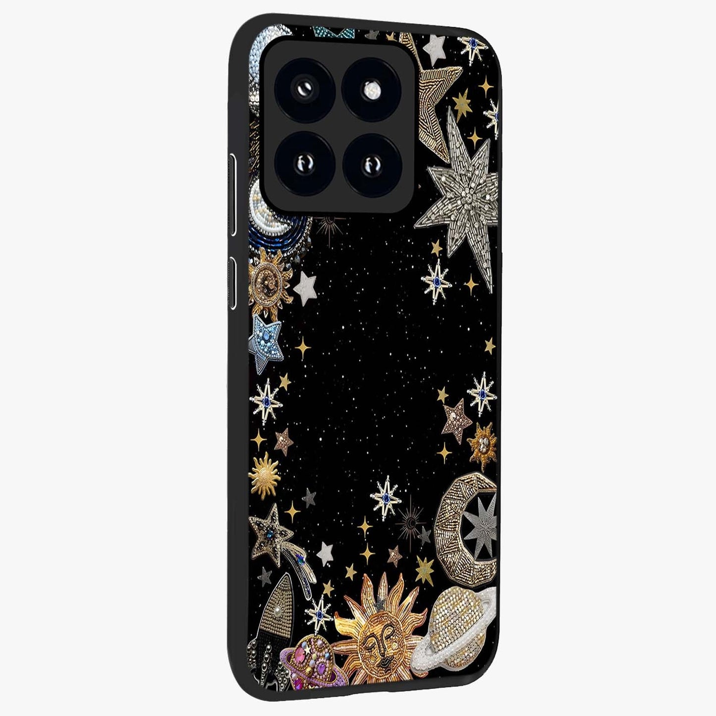 Galactic Jewel Stars Glass Case upright view showcasing glittering star jewel artwork with vibrant galaxy theme.