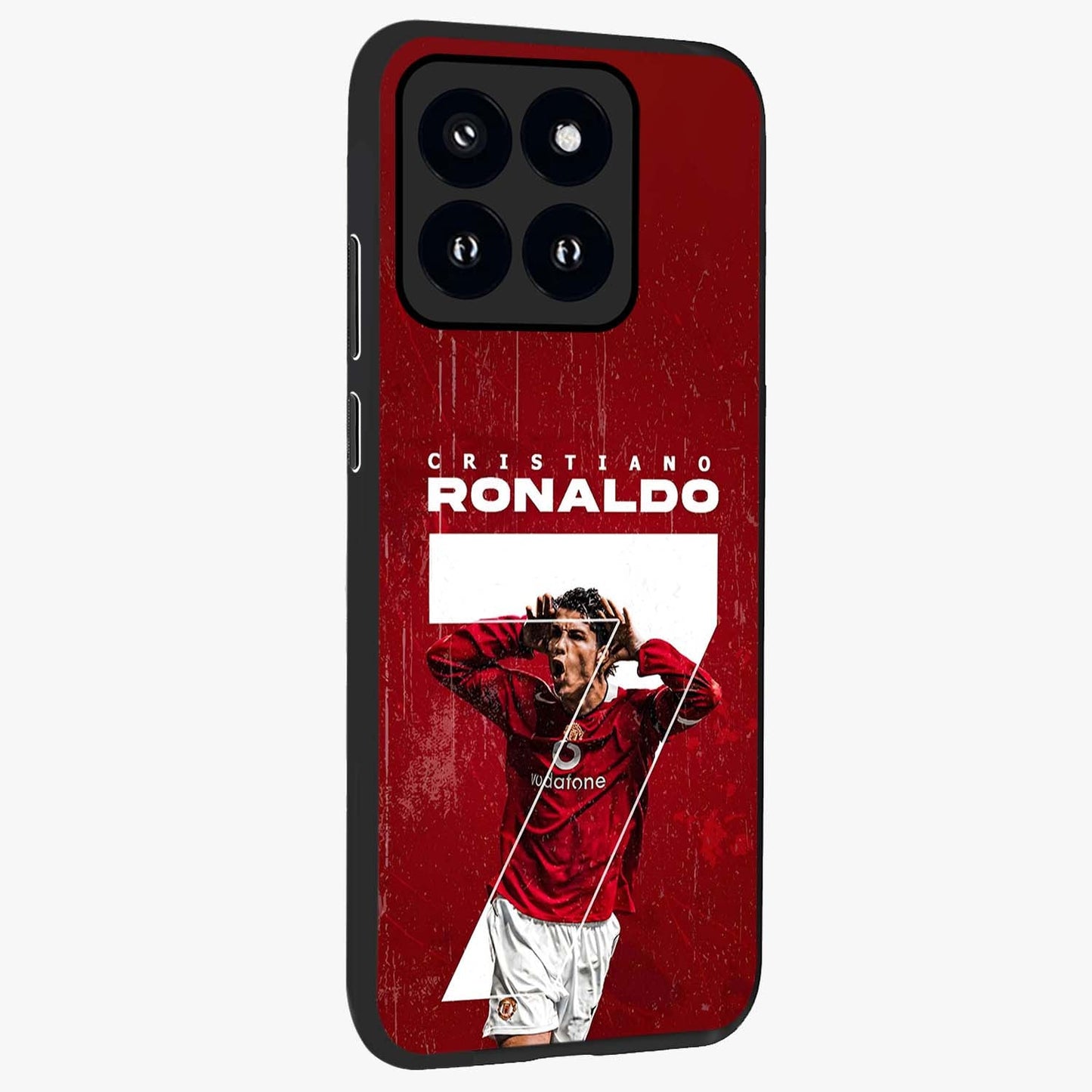 Goal Celebration Legacy Glass Case upright view showcasing dynamic football inspired artwork with victory celebration aesthetic.
