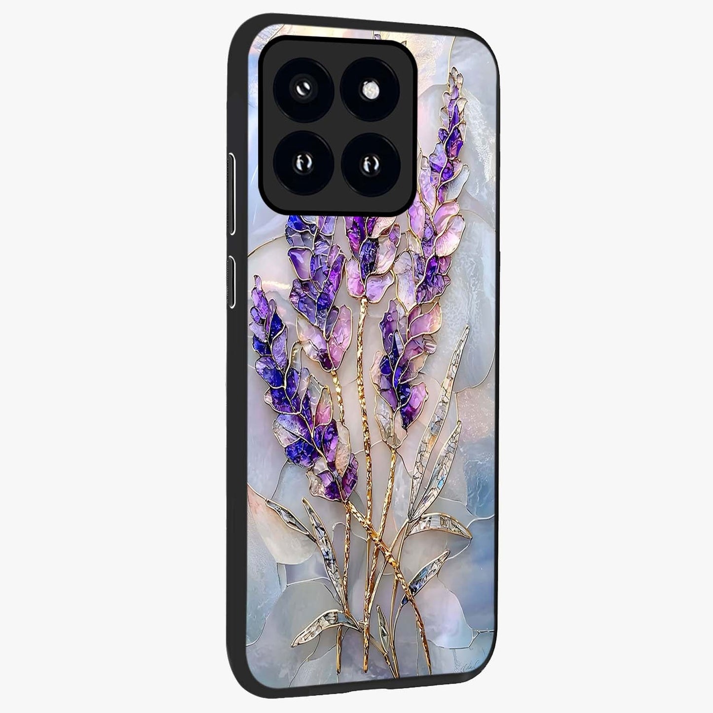 Lavender Dream Glow Glass Case upright view showcasing radiant lavender glow artwork with calming dreamy theme.