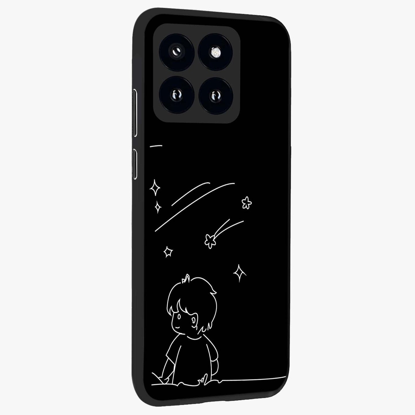 Line Art Boy With Shooting Stars Glass Case upright view showcasing artistic shooting star illustration with minimal style.