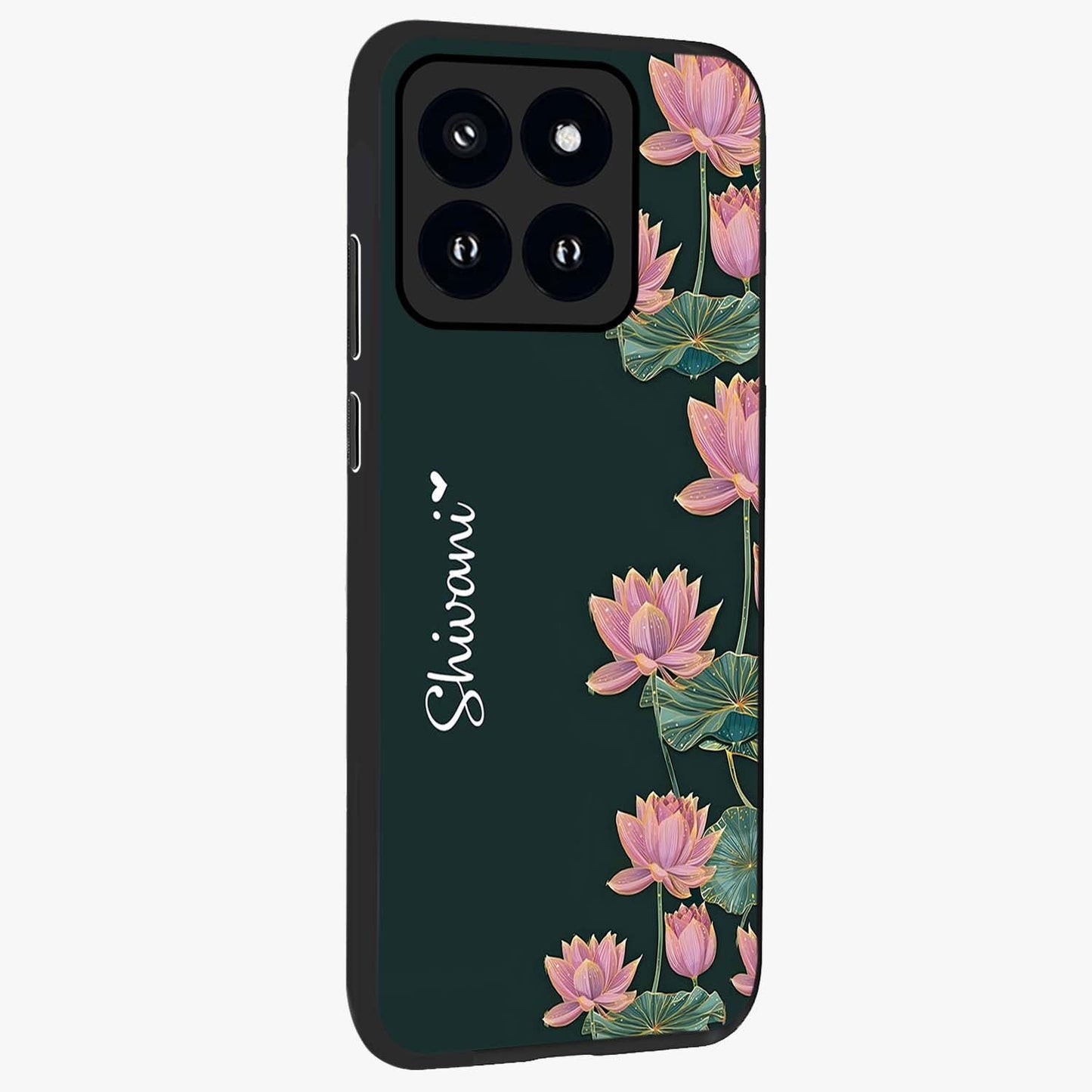 Lotus Bloom Serenity Custom Name Glass Case upright view showcasing serene lotus bloom artwork with personalized floral aesthetic.