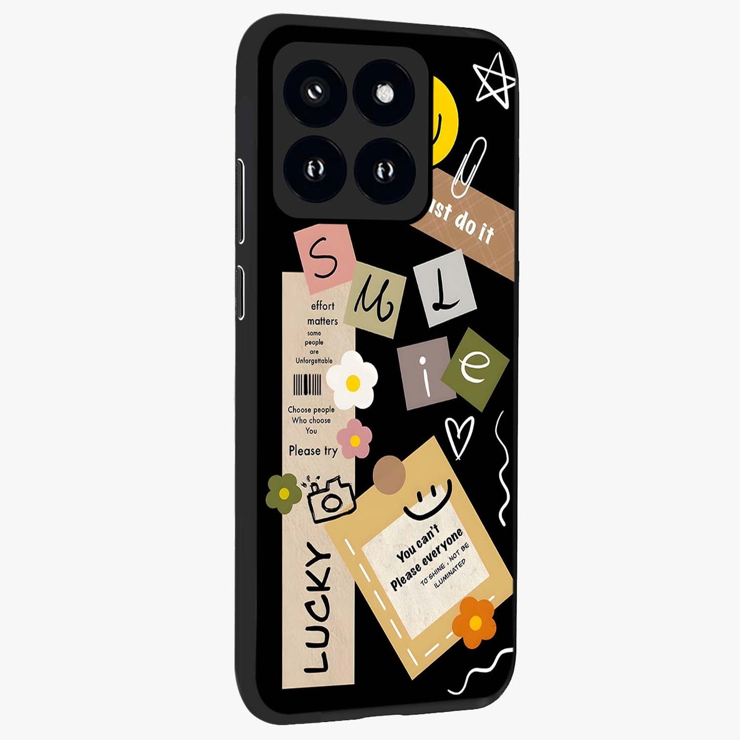 Lucky Aesthetic Collage Glass Case upright view showcasing vibrant collage artwork with youthful aesthetic theme.