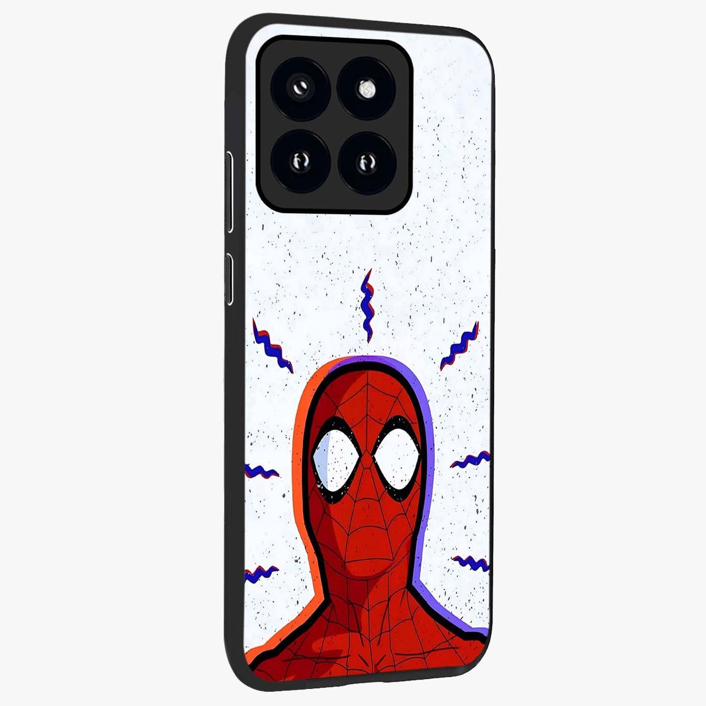 Omg Spiderman Glass Case upright view showcasing energetic superhero artwork with vibrant comic theme.