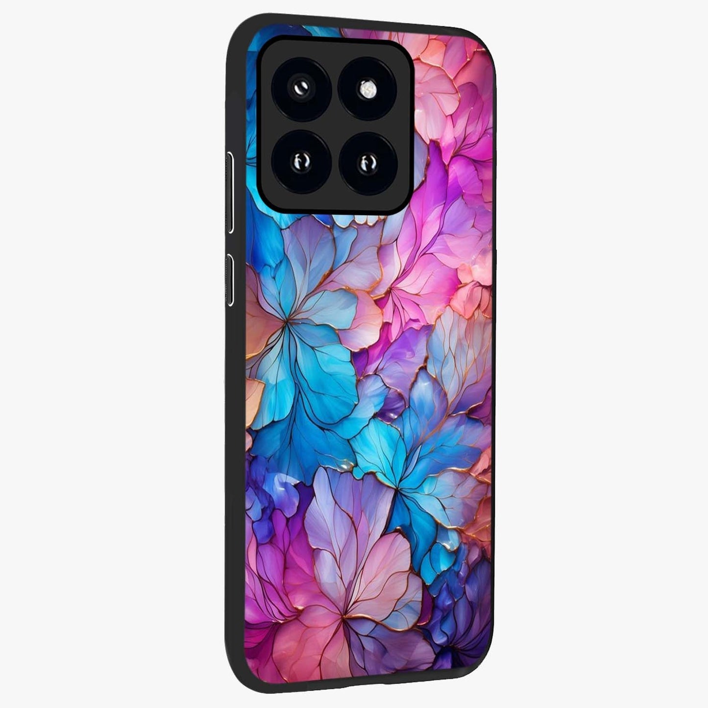 Radiant Floral Whirl Glass Case upright view showcasing lively floral artwork with decorative swirl theme.