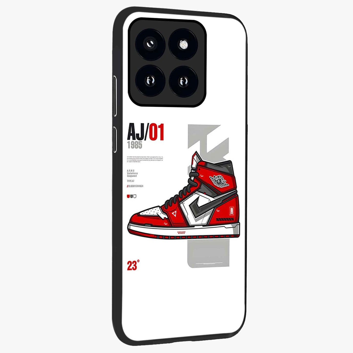 Retro Sneaker Blueprint Glass Case upright view showcasing stylish sneaker illustration with vintage streetwear theme.