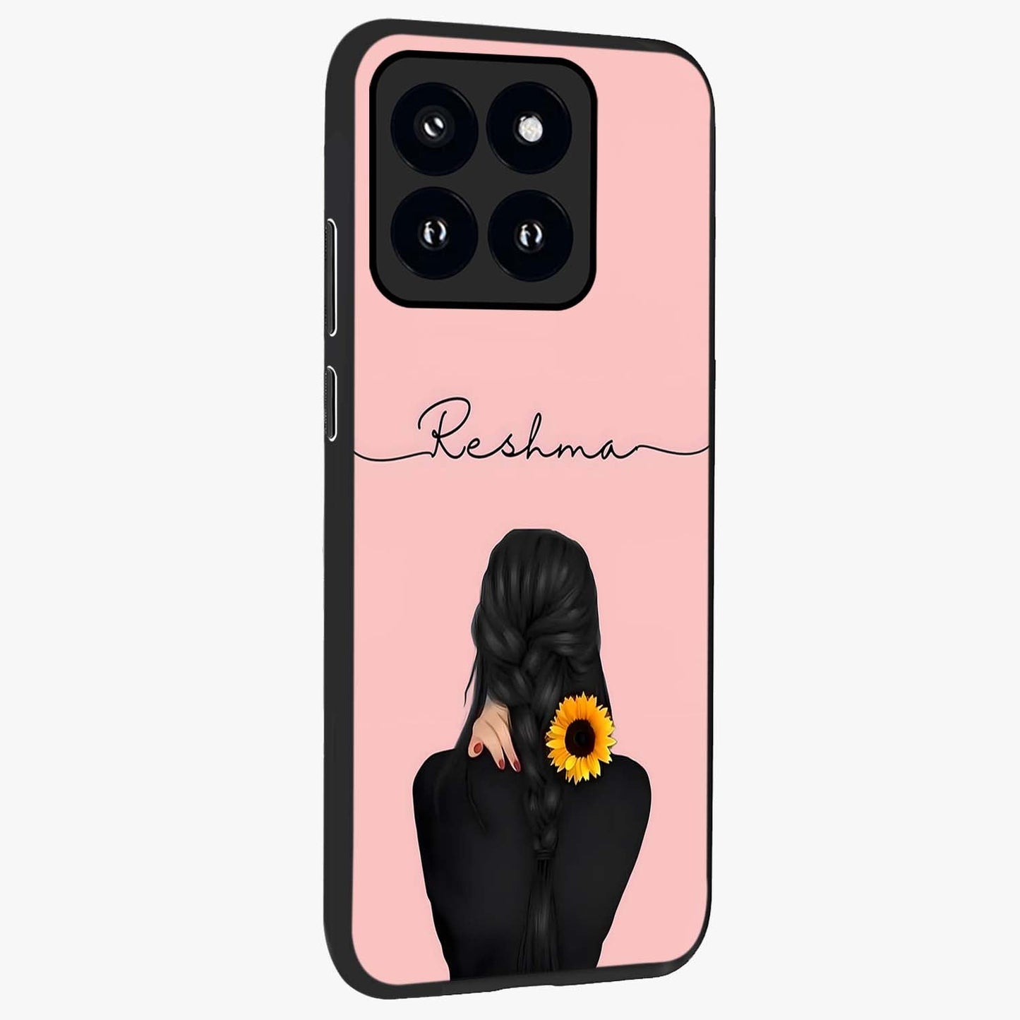 Sunflower Braid Beauty With Custom Name Glass Case upright view showcasing bright sunflower artwork with personalized floral aesthetic.