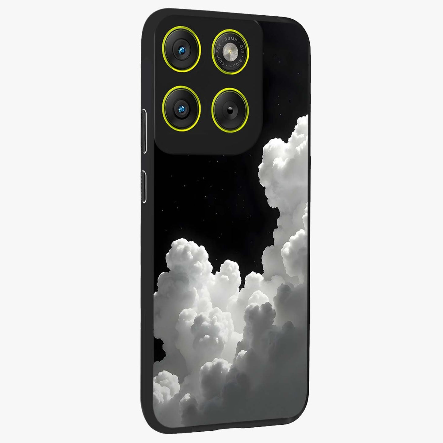 Black Background With White Cloud Glass Case upright view showcasing calm cloud aesthetic with modern minimal style.