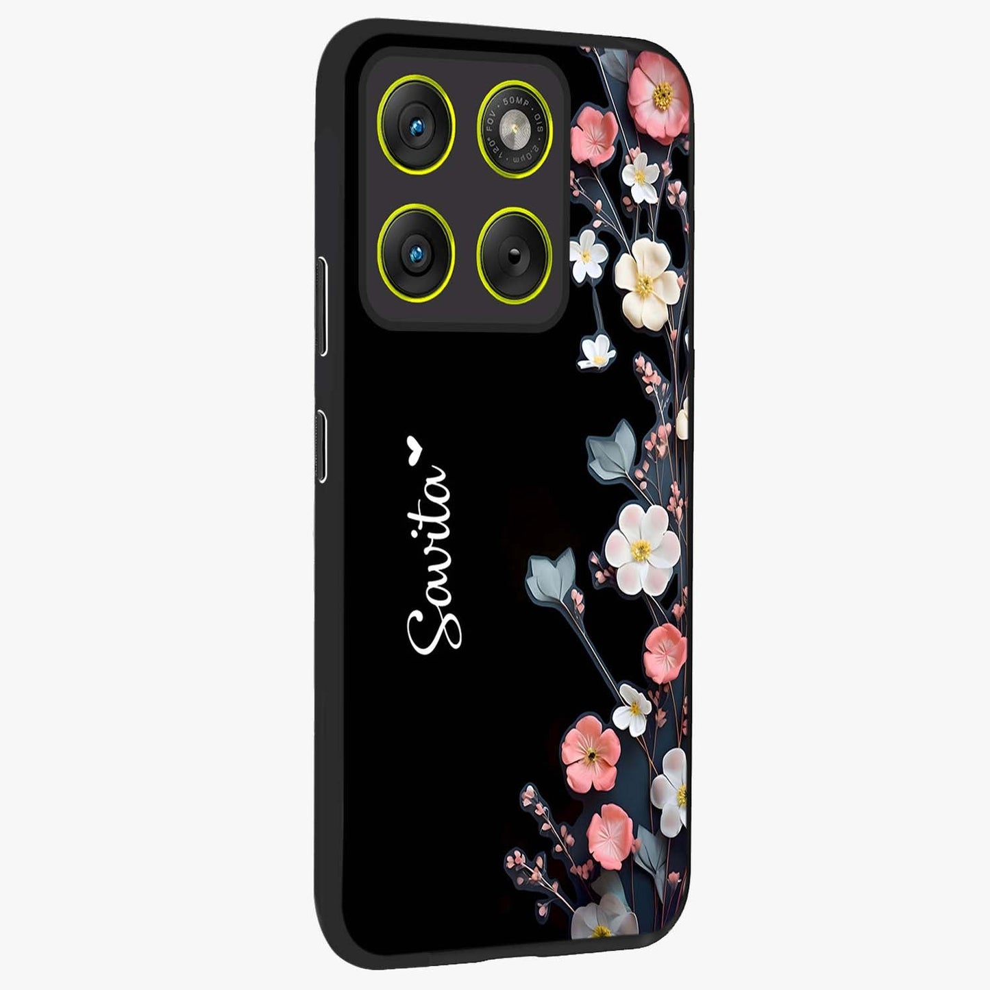 Black Elegance Floral Custom Name Glass Case upright view showcasing luxurious black floral design with personalized name detail.