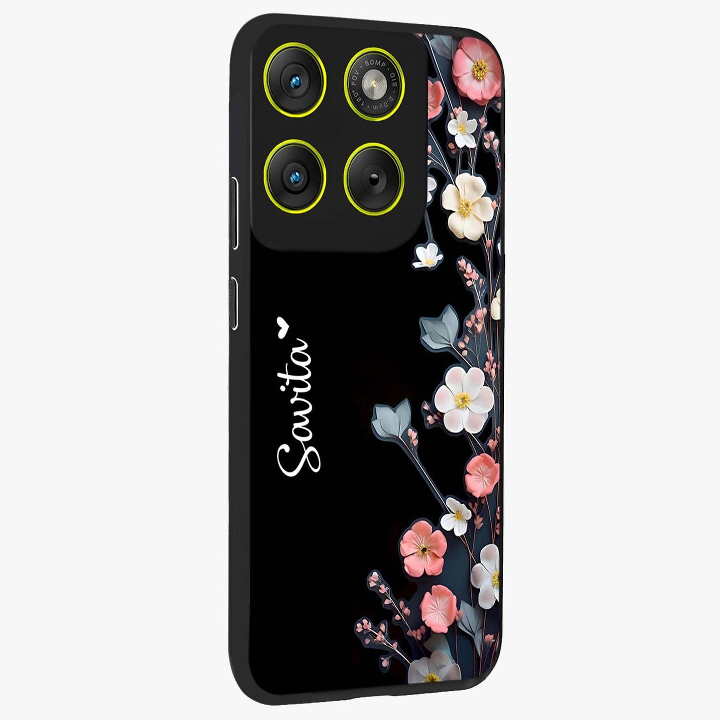 Black Elegance Floral Custom Name Glass Case upright view showcasing luxurious black floral design with personalized name detail.