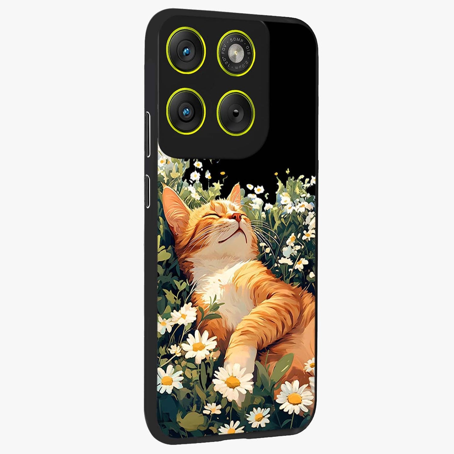 Blissful Bloom Cat Glass Case upright view showcasing charming cat design surrounded by blooming floral elements.