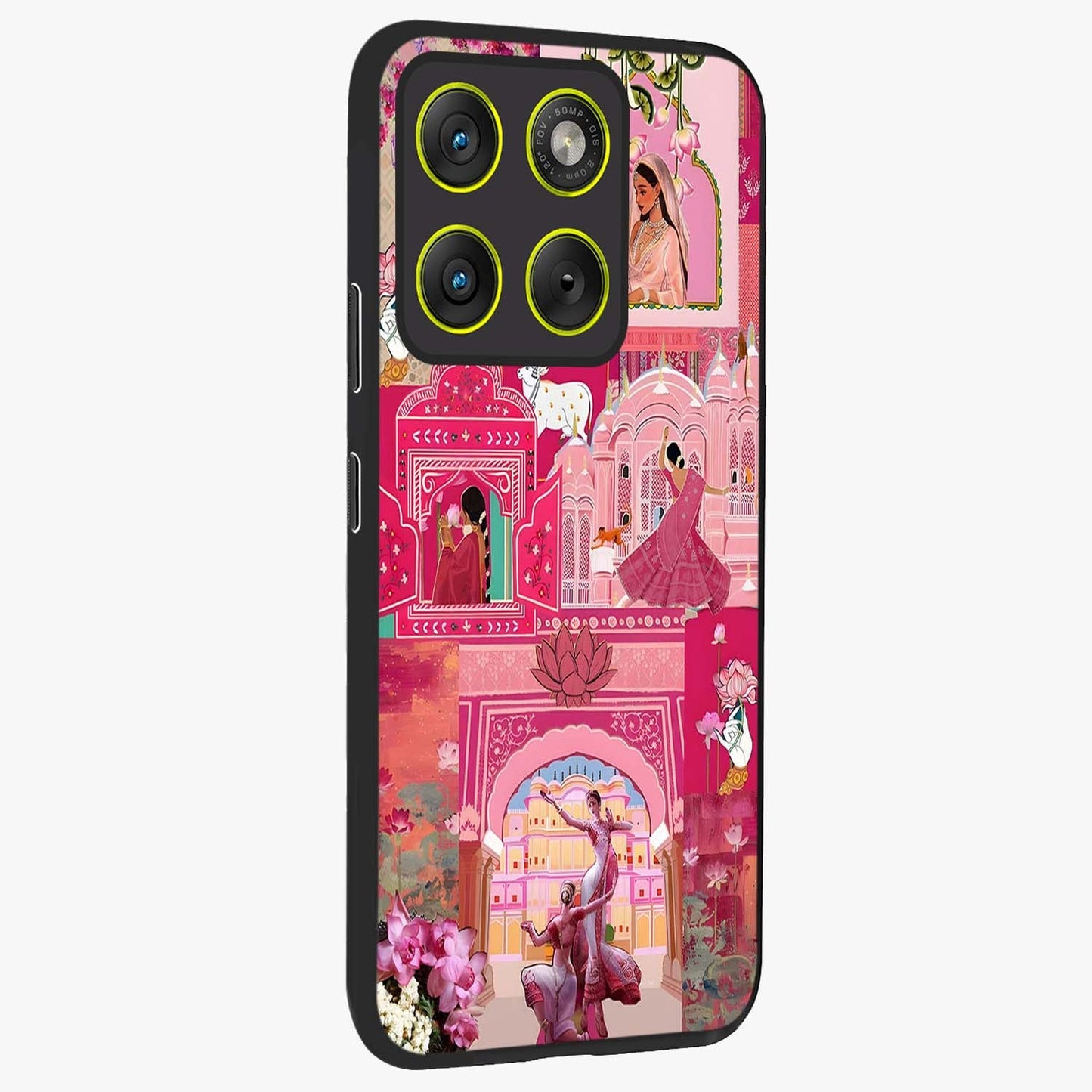Blossoms of Rajasthan Glass Case upright view showcasing colorful floral design inspired by traditional Indian art.