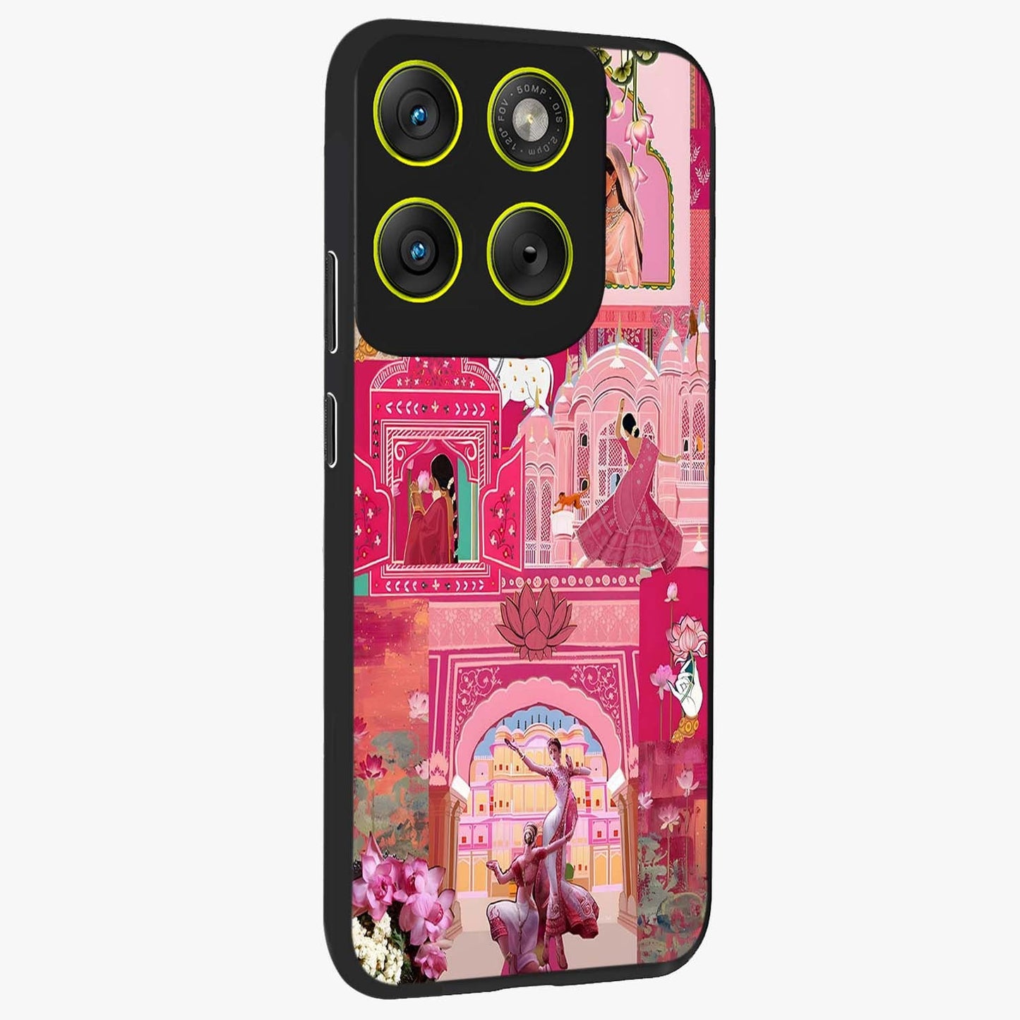 Blossoms of Rajasthan Glass Case upright view showcasing colorful floral design inspired by traditional Indian art.
