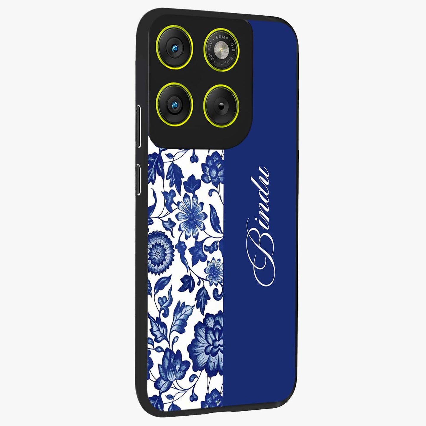 Blue Vintage Floral Pattern Glass Case upright view showcasing delicate blush floral texture with modern minimal style.