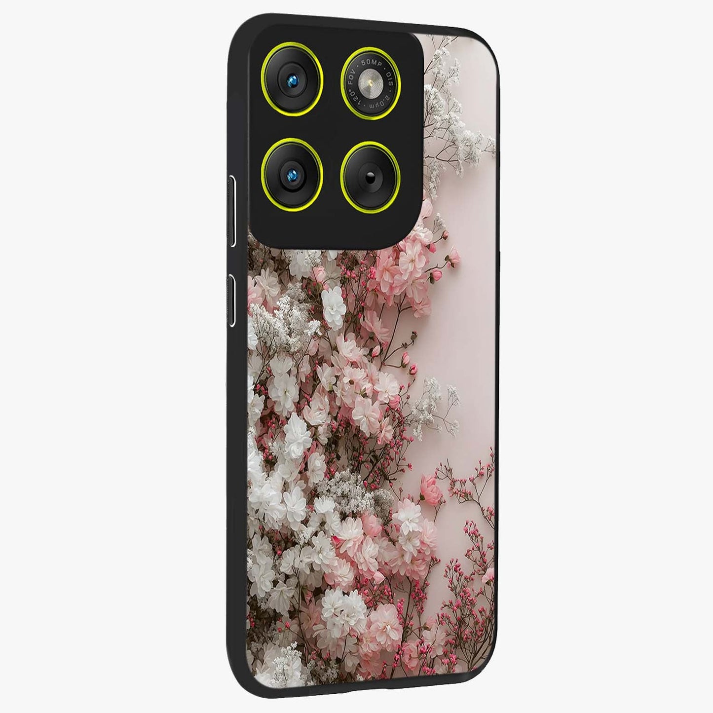 Blush Blossom Cloud Glass Case upright view showcasing calm floral cloud artwork with gentle dreamy theme.