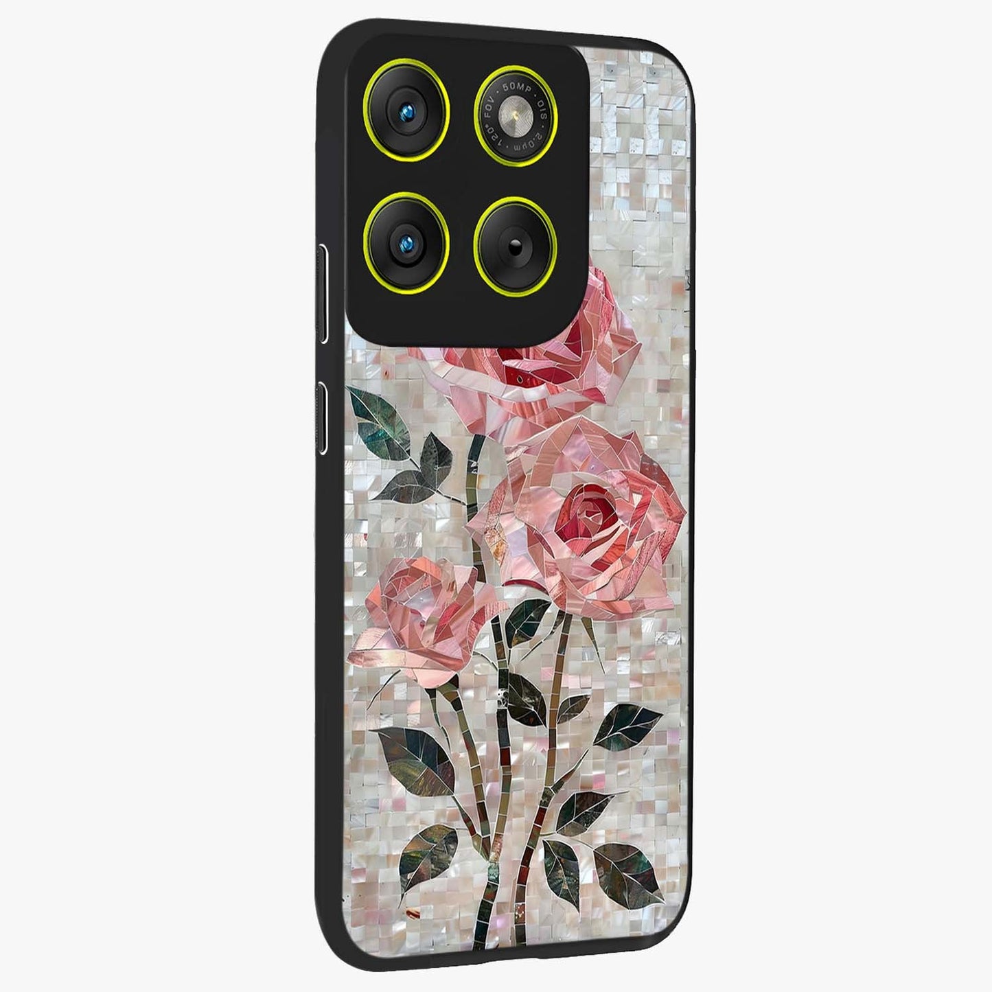 Blush Mosaic Bloom Glass Case upright view showcasing decorative floral mosaic artwork with stylish modern aesthetic.