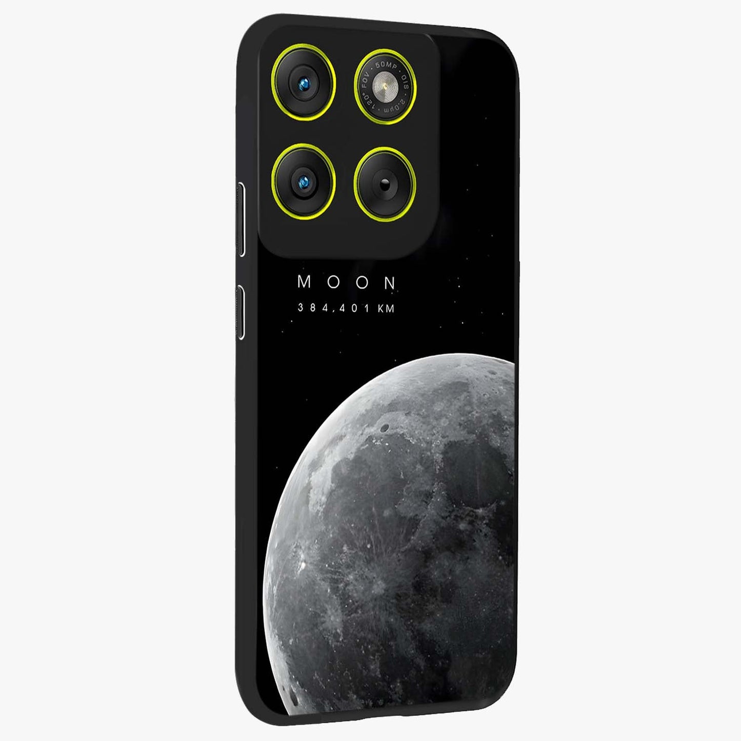 Cosmic Moon Glow Glass Case upright view showcasing luminous moon illustration with dreamy cosmic style.