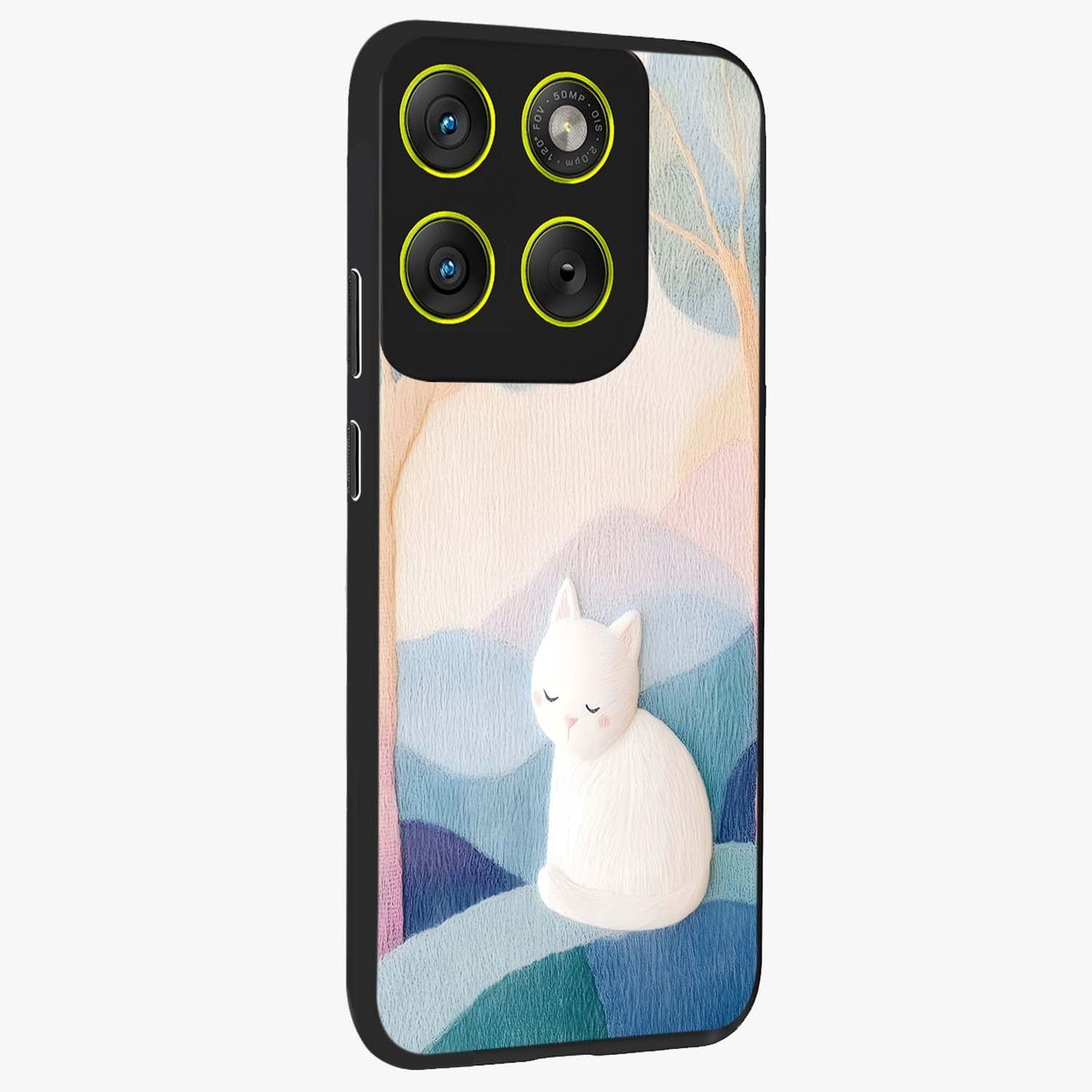 Cotton Dream Cat Glass Case upright view showcasing charming cat artwork with cozy dreamy theme.