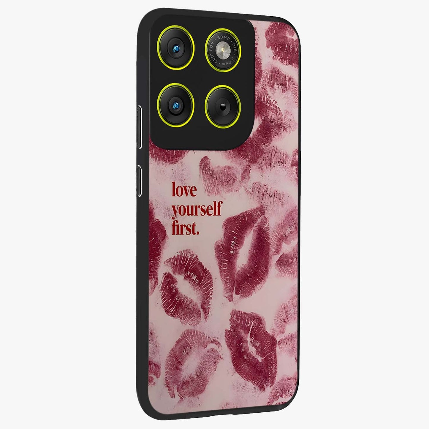 Crimson Kiss Love Glass Case upright view showcasing expressive romantic artwork with deep crimson theme.