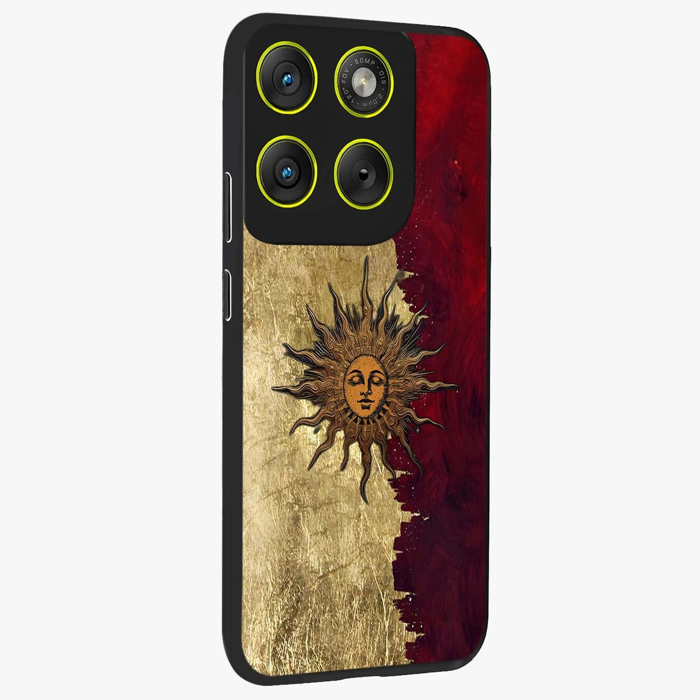 Crimson Sun Majesty Glass Case upright view showcasing vibrant sun artwork with powerful celestial theme.
