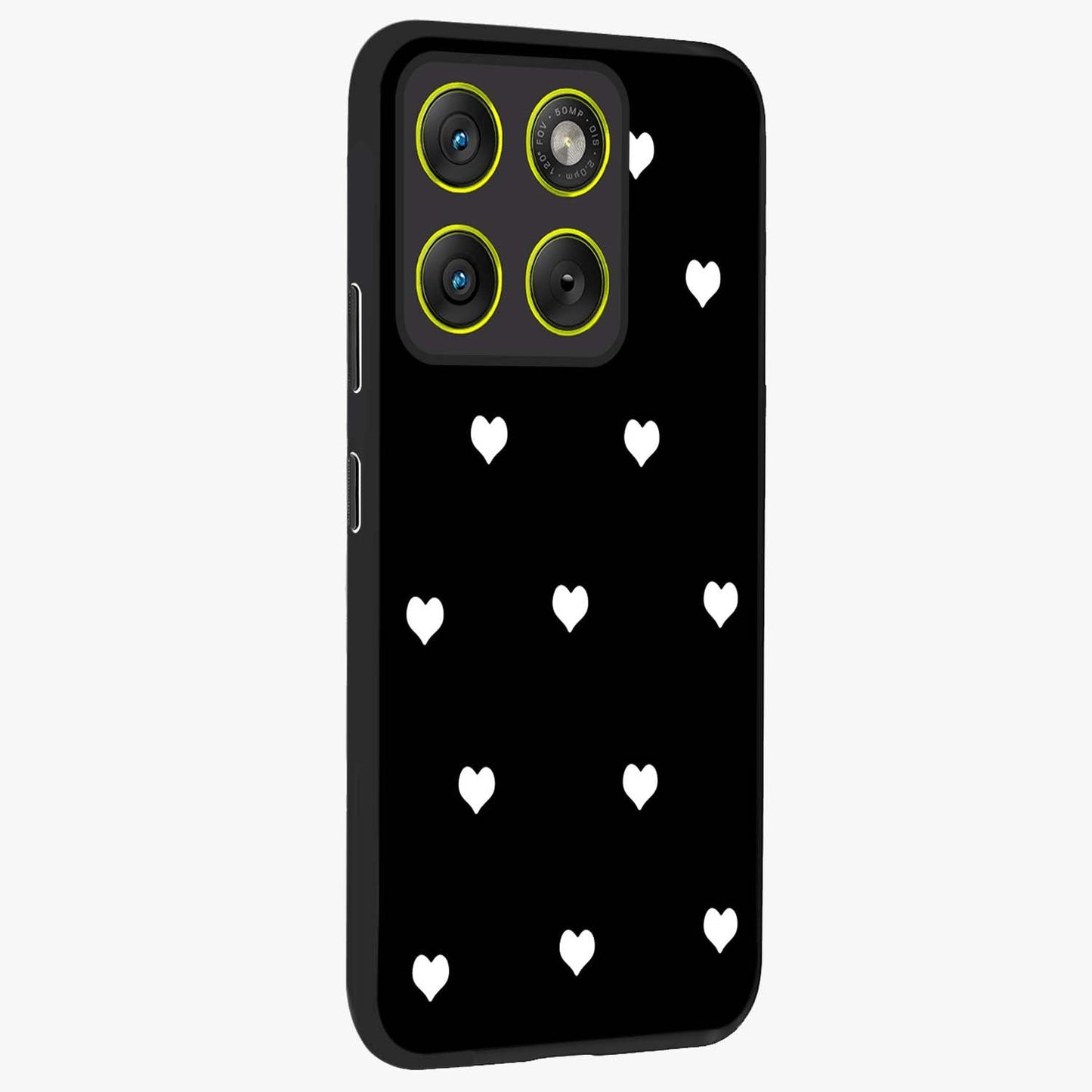 Cute And Simple White Hearts Glass Case upright view showcasing simple white hearts artwork with soft minimal theme.