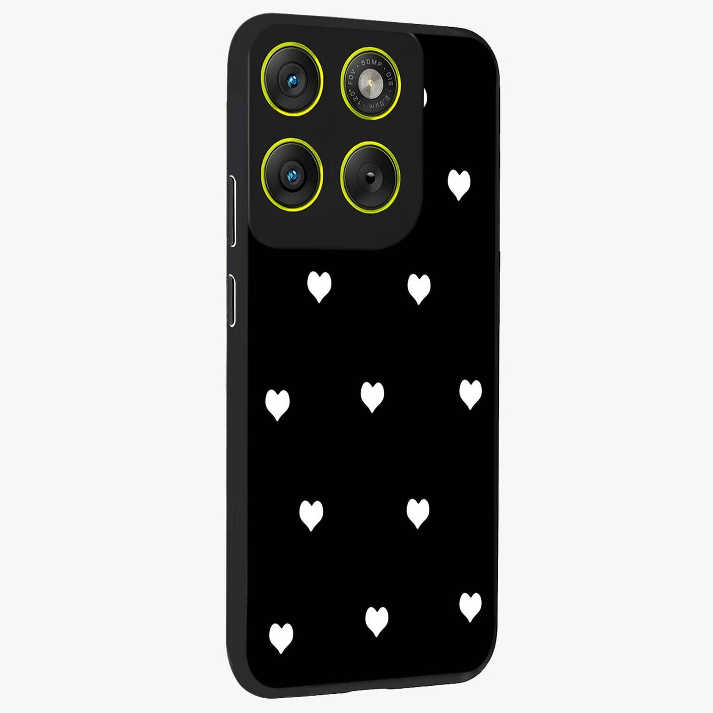 Cute And Simple White Hearts Glass Case upright view showcasing simple white hearts artwork with soft minimal theme.