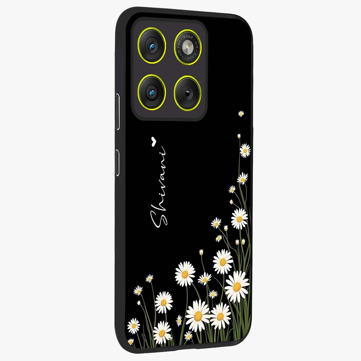 Daisy Cascade Custom Name Glass Case upright view showcasing elegant floral cascade design with personalized aesthetic.