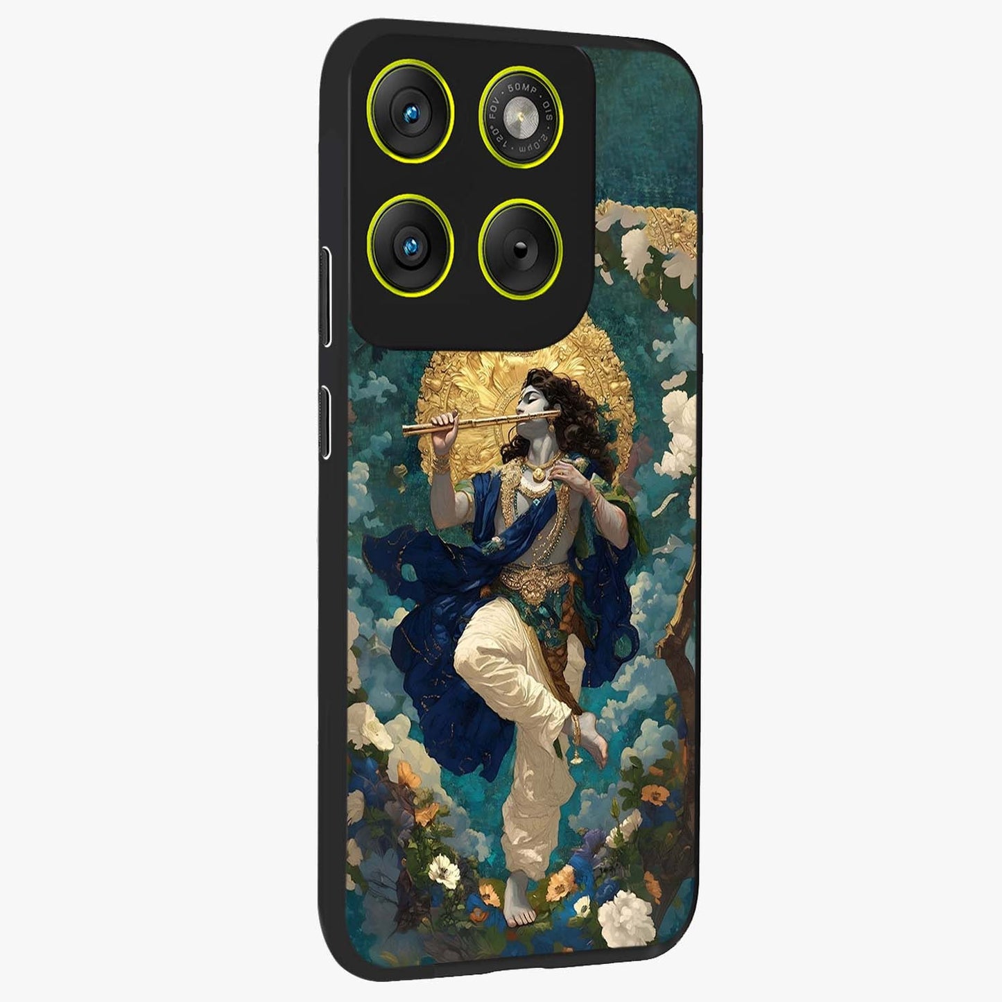 Divine Krishna Art Glass Case upright view showcasing divine Krishna artwork with sacred artistic theme.