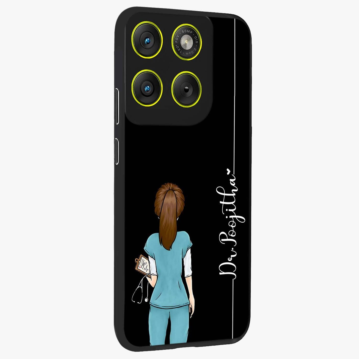 Doctor Pattern Custom Name Glass Case upright view showcasing healthcare themed design with personalized aesthetic.