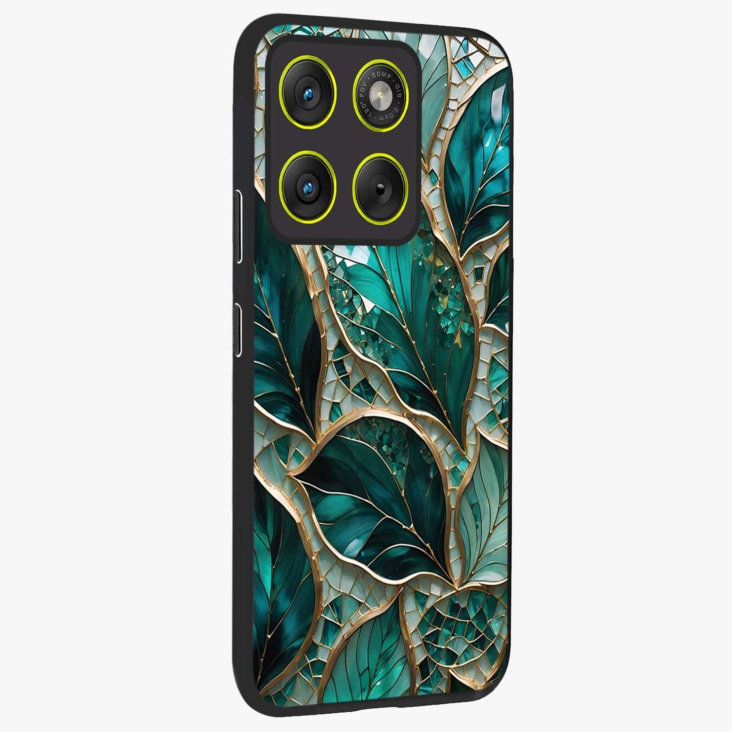 Emerald Leaf Glass Glass Case upright view showcasing fresh green leaf artwork with calming nature inspired style.
