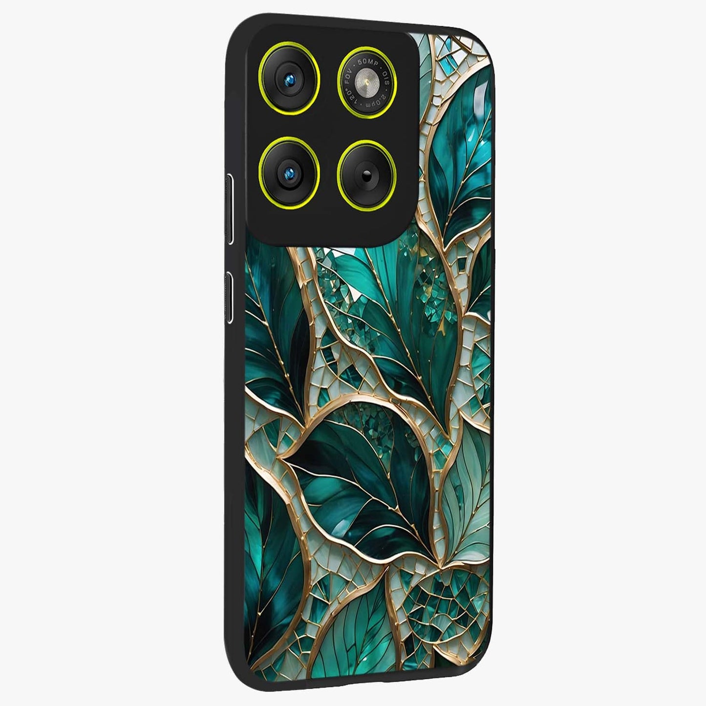 Emerald Leaf Glass Glass Case upright view showcasing fresh green leaf artwork with calming nature inspired style.