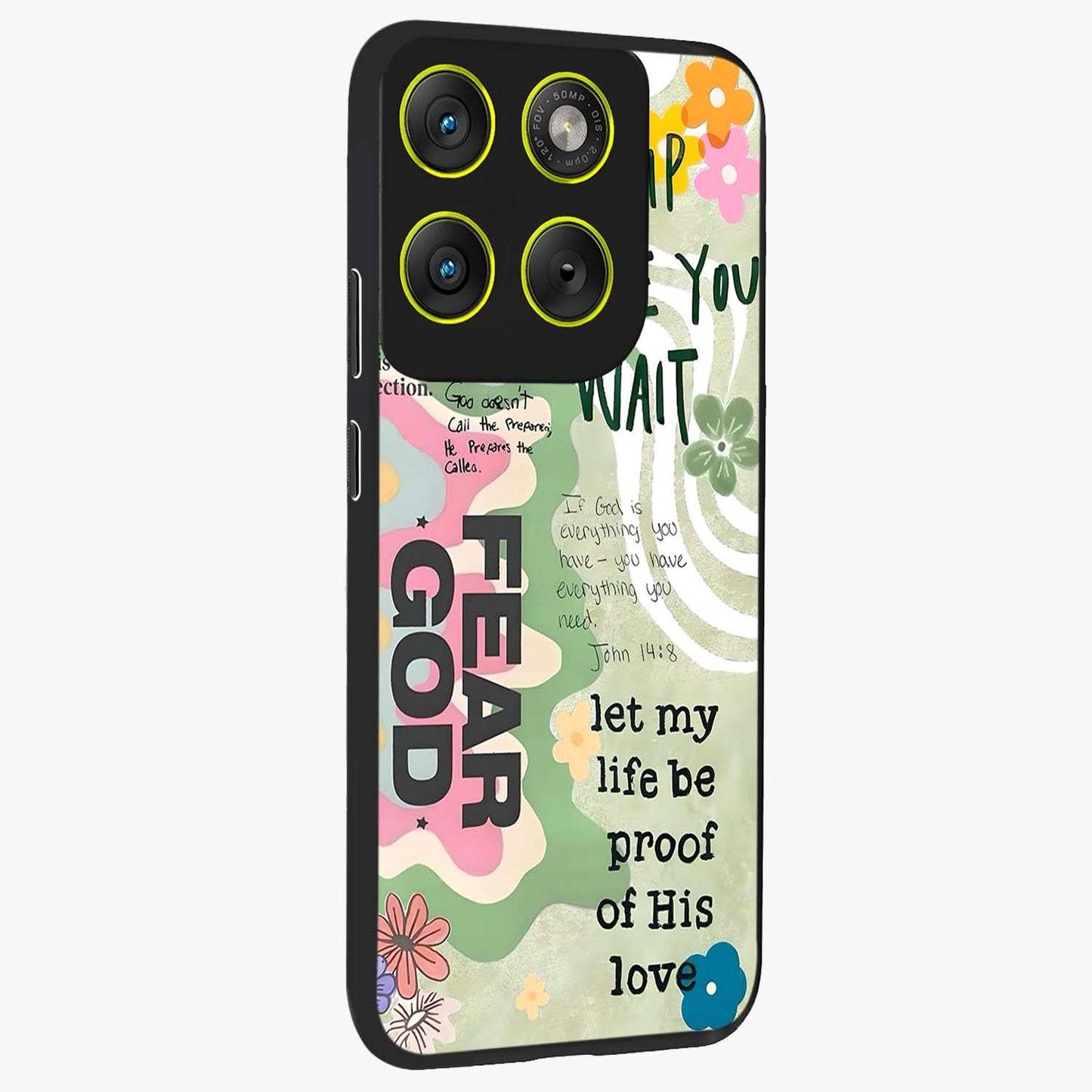 Faith Over Fear Glass Case upright view showcasing bold typography artwork with uplifting motivational theme.