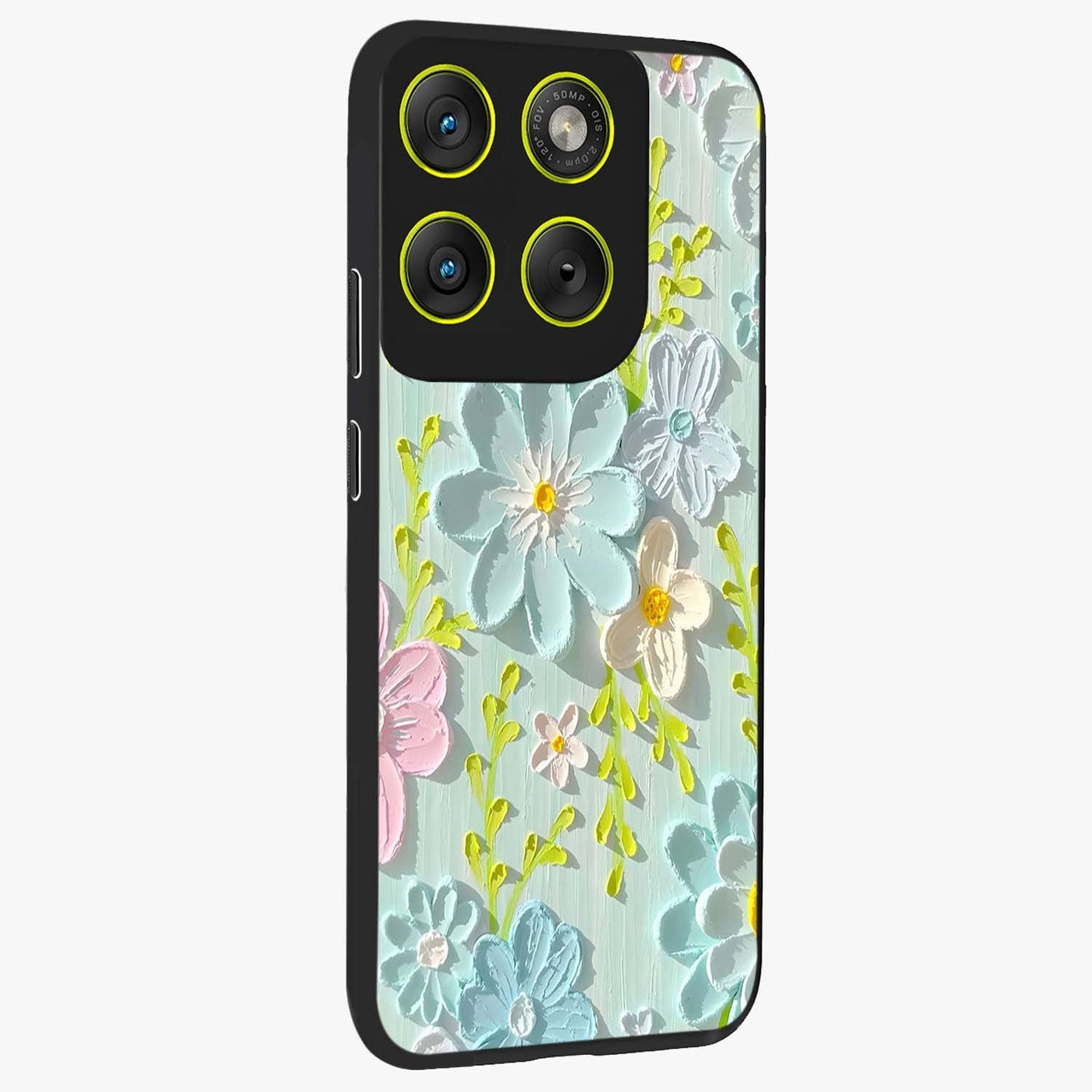 Frosted Petal Garden Glass Case upright view showcasing elegant floral garden artwork with soothing pastel theme.