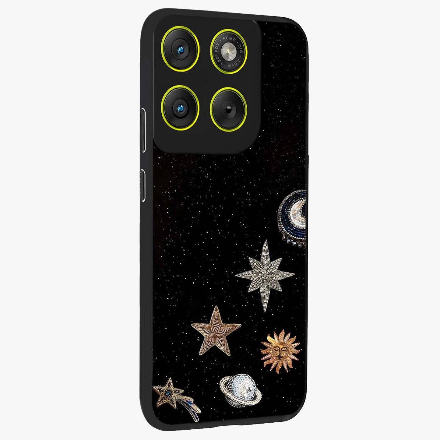 Galactic Charm Glow Glass Case upright view showcasing glowing cosmic charm artwork with magical celestial style.