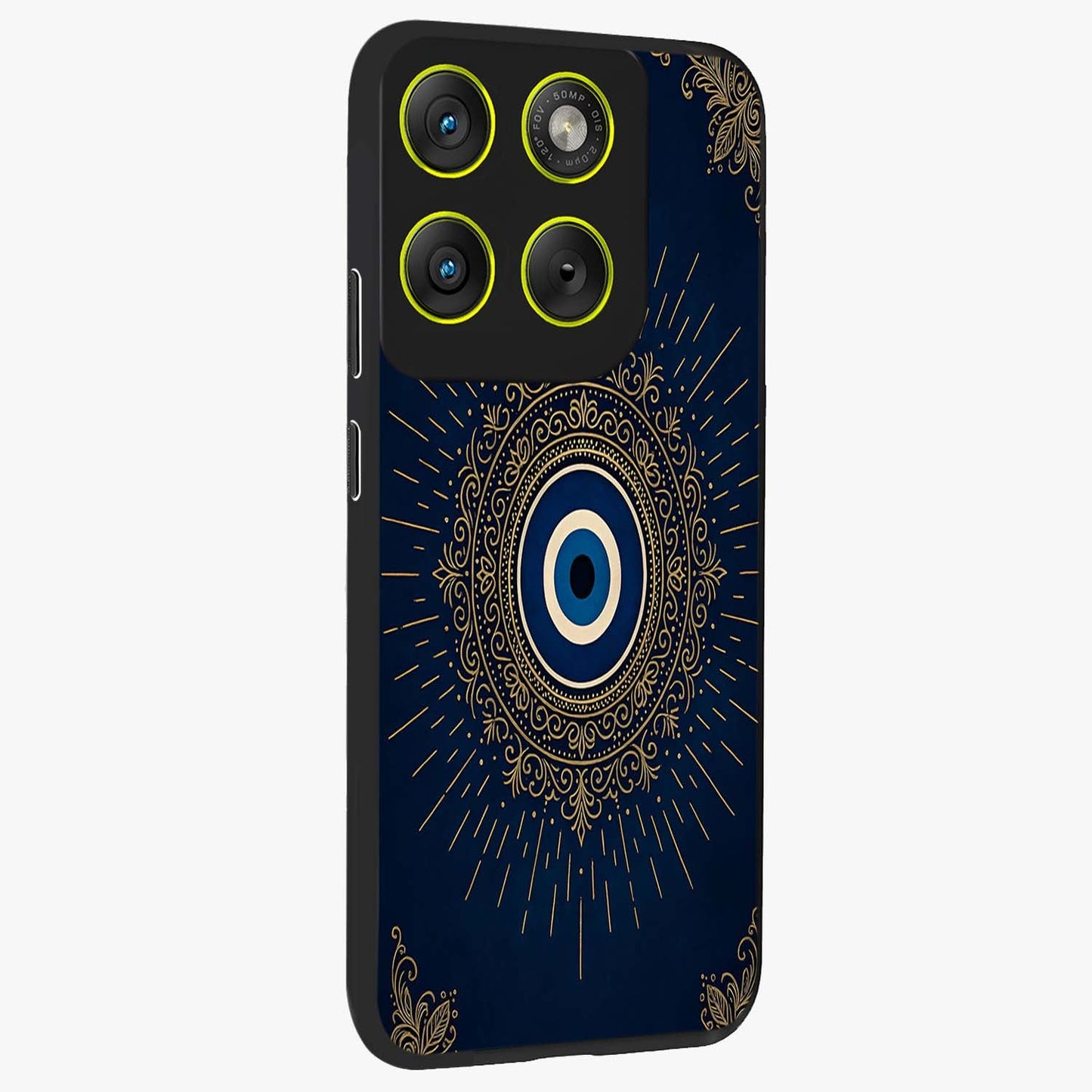 Golden Celestial Charm Glass Case upright view showcasing radiant celestial artwork with elegant golden theme.