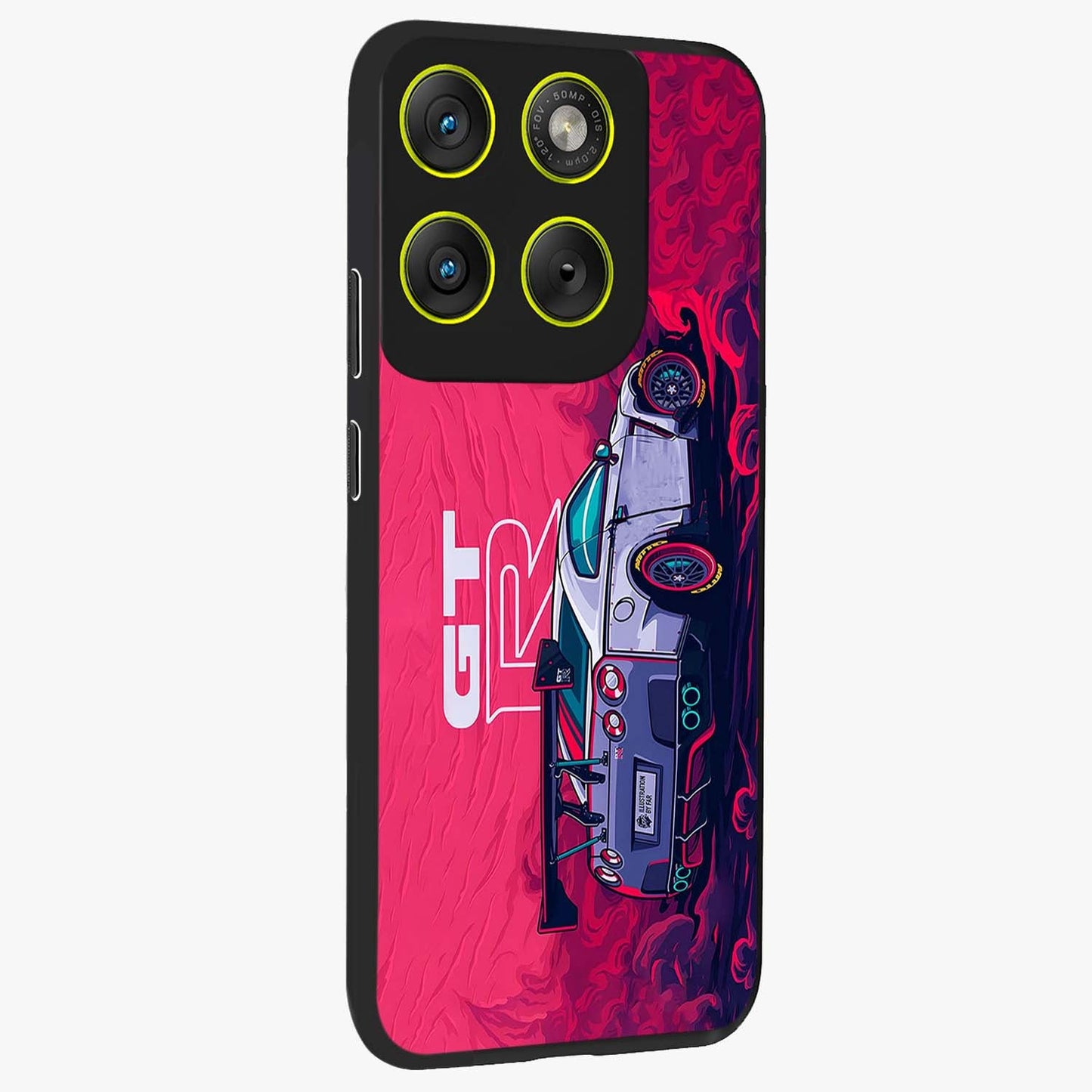 GT-R Car Pattern Glass Case upright view showcasing dynamic car pattern artwork with modern sports theme.