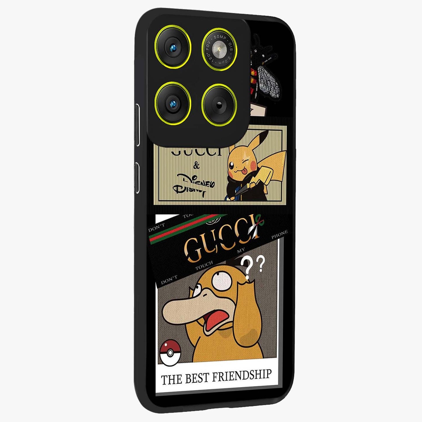 Gucci Play Mashup Glass Case upright view showcasing trendy luxury inspired artwork with modern fashion theme.
