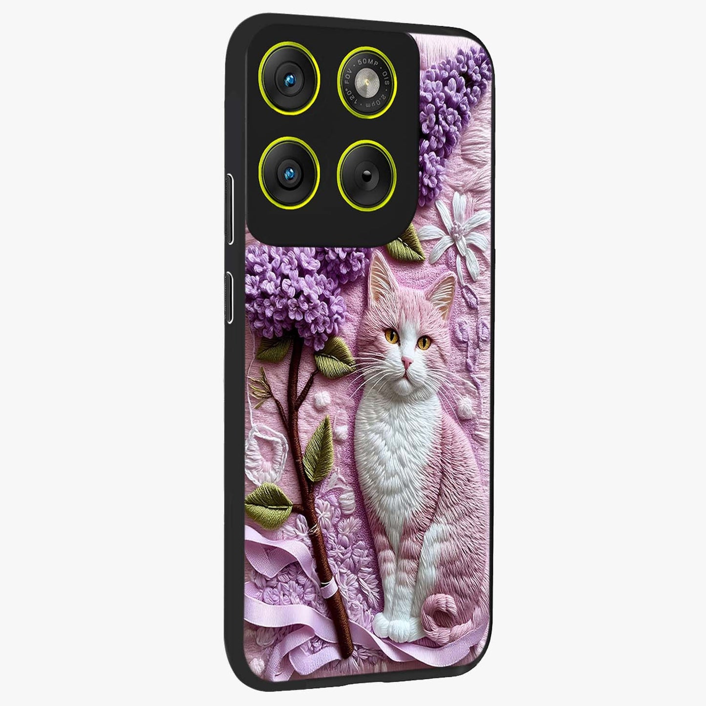 Lavender Cat Whimsy Glass Case upright view showcasing charming cat artwork with whimsical lavender theme.