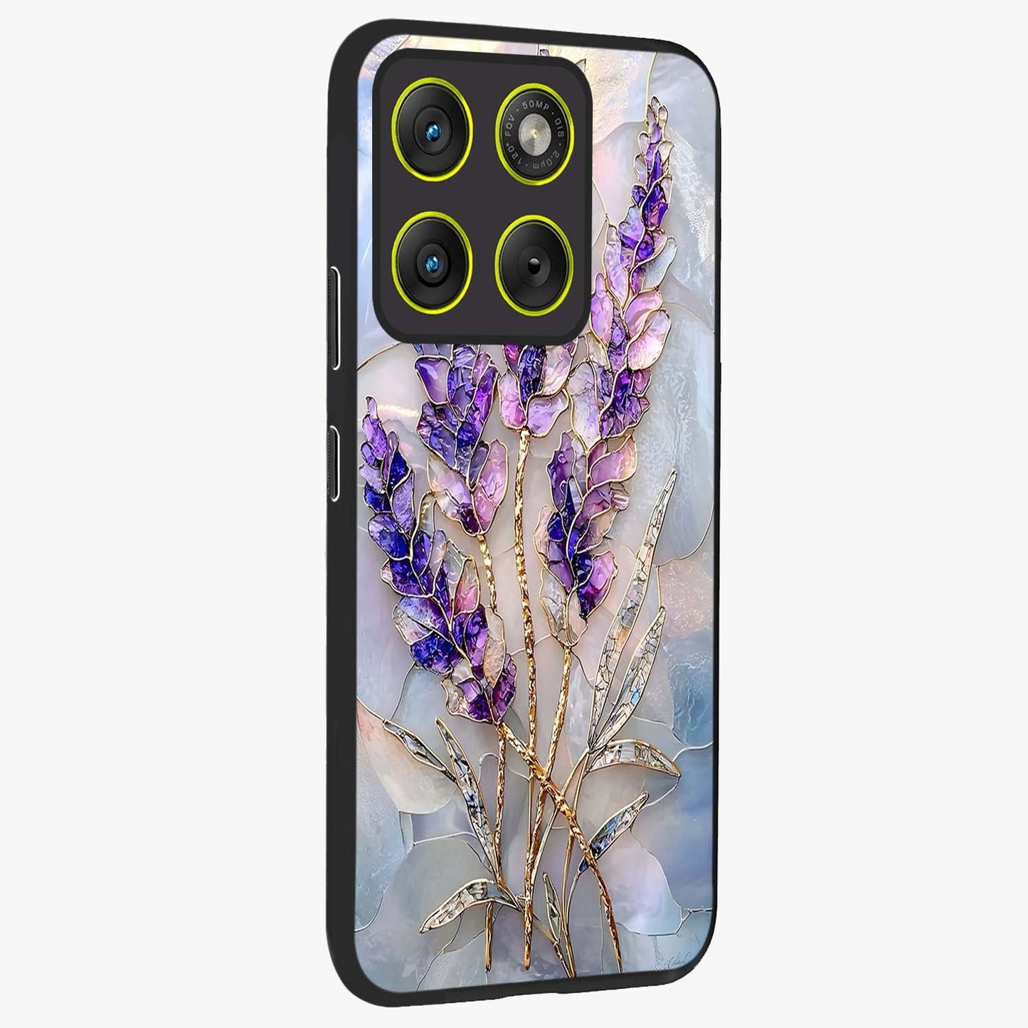 Lavender Dream Glow Glass Case upright view showcasing radiant lavender glow artwork with calming dreamy theme.