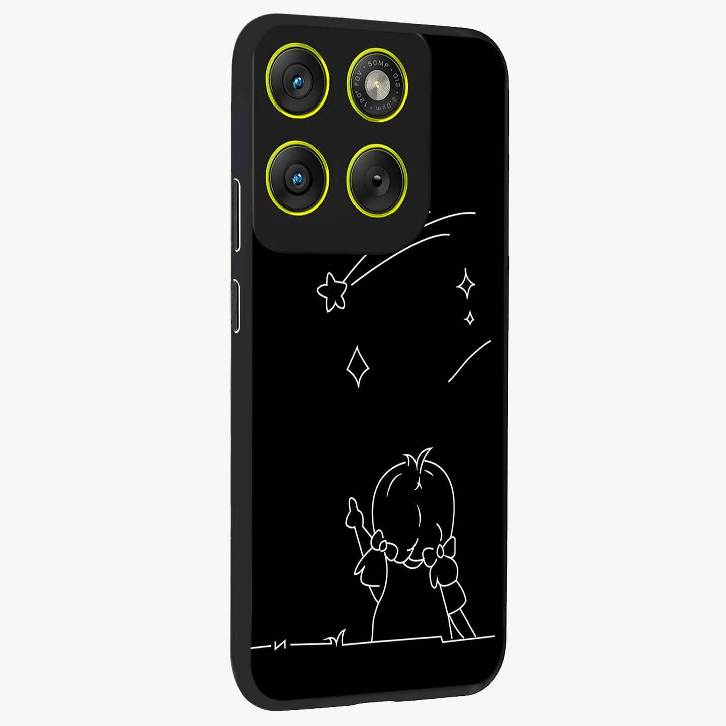Line Art Girl With Shooting Stars Glass Case upright view showcasing delicate shooting stars artwork with minimal artistic theme.